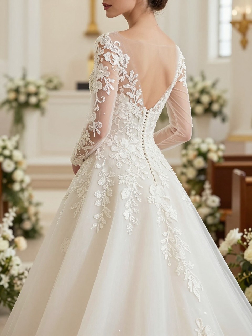 Image Prompt: A luxury bridal editorial photograph of a Christian bride wearing a modest wedding gown with sheer embroidered floral sleeves, a covered bodice, and a flowing skirt. Place the bride in a church with soft natural light and pale floral decor. Show only from the neck down or from a back angle with the arms slightly lifted to display the sleeve detail. Emphasize embroidery texture, elegant modest styling, realistic lighting, high-end wedding magazine quality, no visible face, no text, no watermark. (no watermarks on images)