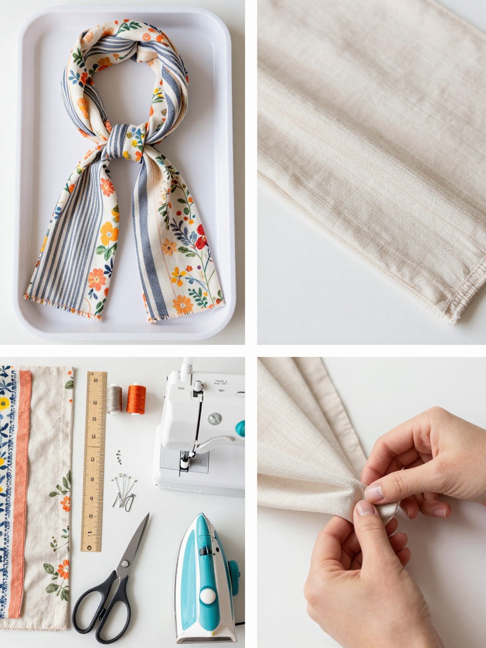 A realistic editorial 2x2 collage grid showing handmade summer hair scarves, top-left finished long fabric scarves in floral, striped, and soft cotton prints tied around a ponytail on a vanity tray with no face shown, top-right close-up of narrow hem and soft fabric texture, bottom-left flat lay of fabric strips, scissors, sewing machine, thread, pins, ruler, and iron, bottom-right cropped hands pressing a narrow hem on a scarf edge, sunny summer accessory sewing scene, no faces, no text, no watermark on images.