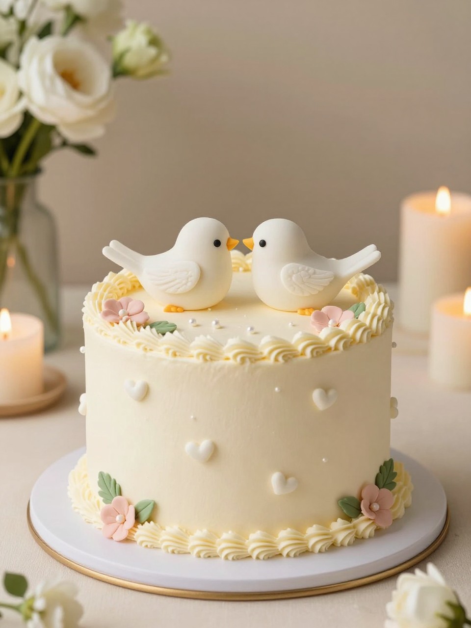 Image Prompt: A sweet love birds anniversary cake with smooth cream buttercream, two tiny sugar love birds on top, soft floral accents, pearl piping, and small heart details. Style it on a cozy dessert table with white flowers, candles, and warm neutral decor. Make it charming, romantic, and realistic, no people, no faces, no text overlay, no watermark. (no watermarks on images)