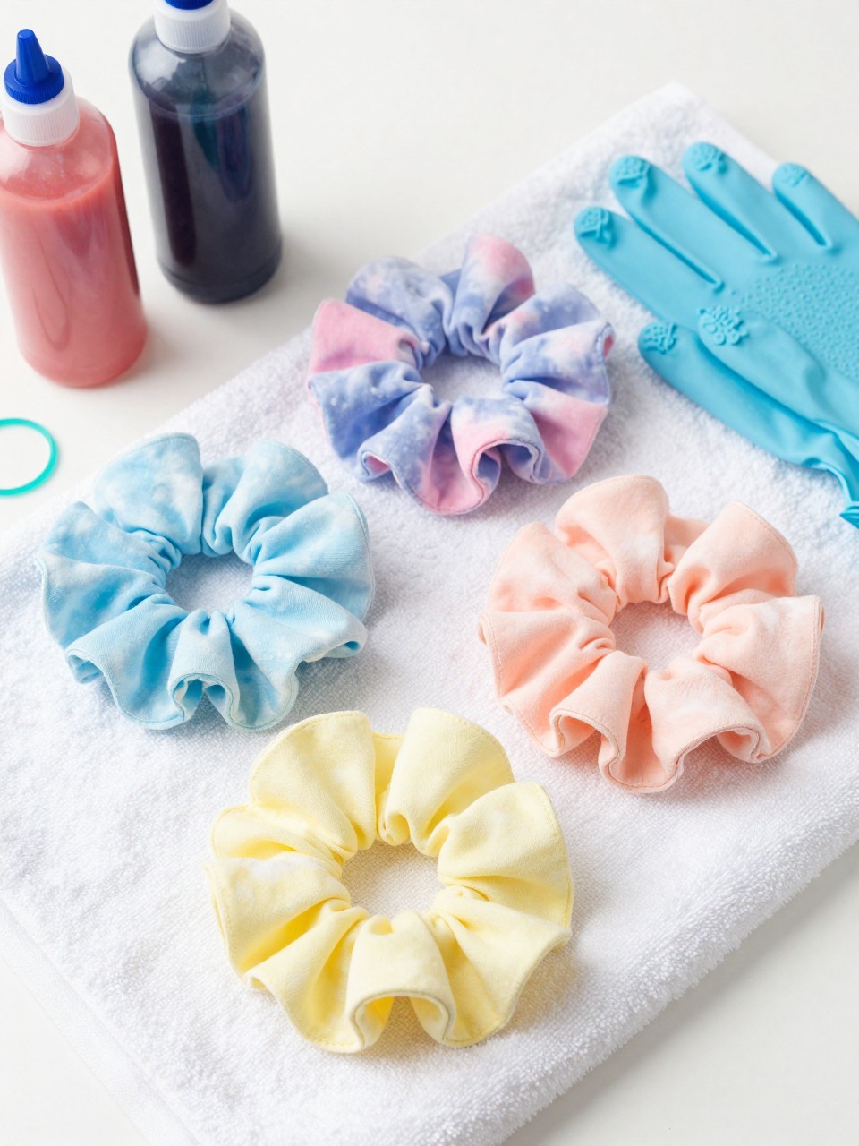 Detailed Image Prompt:
A bright editorial craft photo of handmade tie-dye scrunchies in soft summer colors, pastel blue, pink, yellow, and peach fabric scrunchies arranged on a white towel, dye bottles, gloves, and rubber bands nearby, clean laundry-room craft setup, stylish teen summer accessory vibe, no people, no faces, no readable text, no watermark on images.