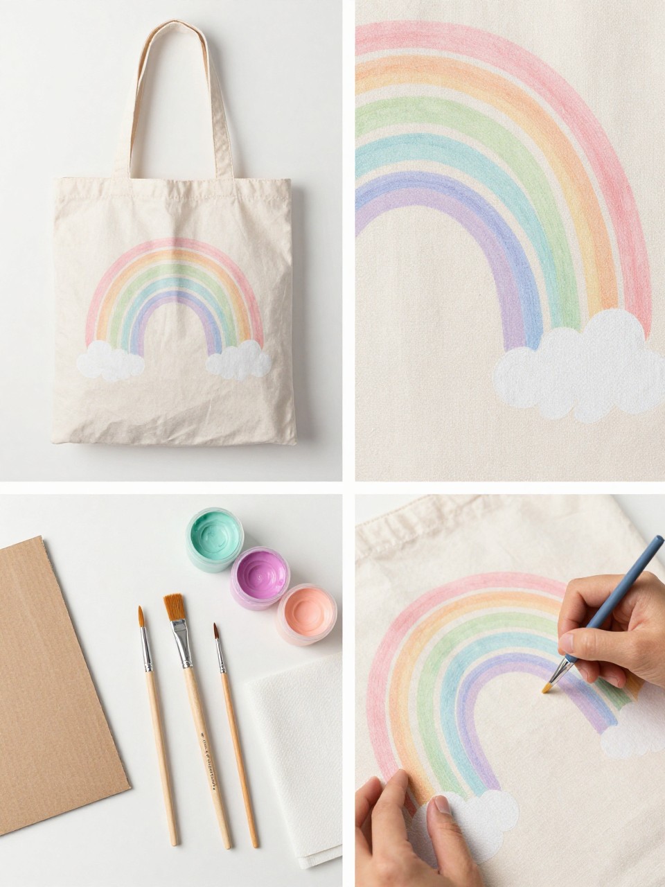A realistic editorial 2x2 collage grid showing a pastel rainbow painted canvas tote bag, top-left finished tote with a soft pastel rainbow arch and small white clouds on cream canvas, top-right close-up of pastel paint bands and cloud details, bottom-left flat lay of tote, pastel fabric paints, foam brushes, fine brush, pencil, cardboard insert, and paper towels, bottom-right cropped hands painting a rainbow arch on the tote, cheerful summer craft setting, no faces, no text, no watermark on images.
