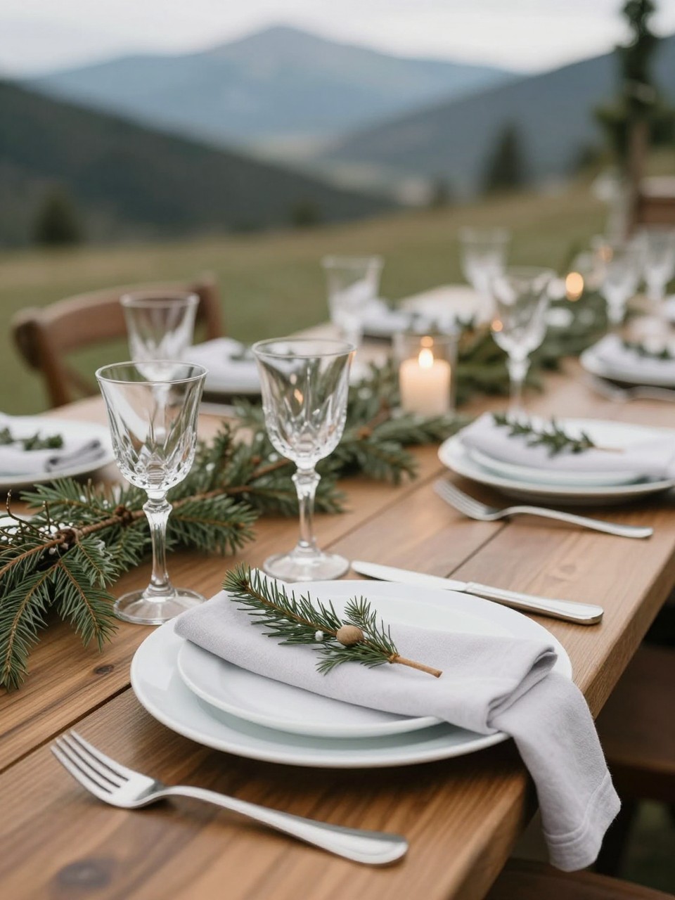 A close editorial wedding table photo focused on mountain wedding place settings with wooden chargers, white plates, folded linen napkins, polished flatware, clear crystal glasses, small evergreen sprigs, and soft candlelight. Rustic elegant mountain reception setting, no visible faces, no text, no watermark, realistic professional wedding photography, (no watermarks on images)