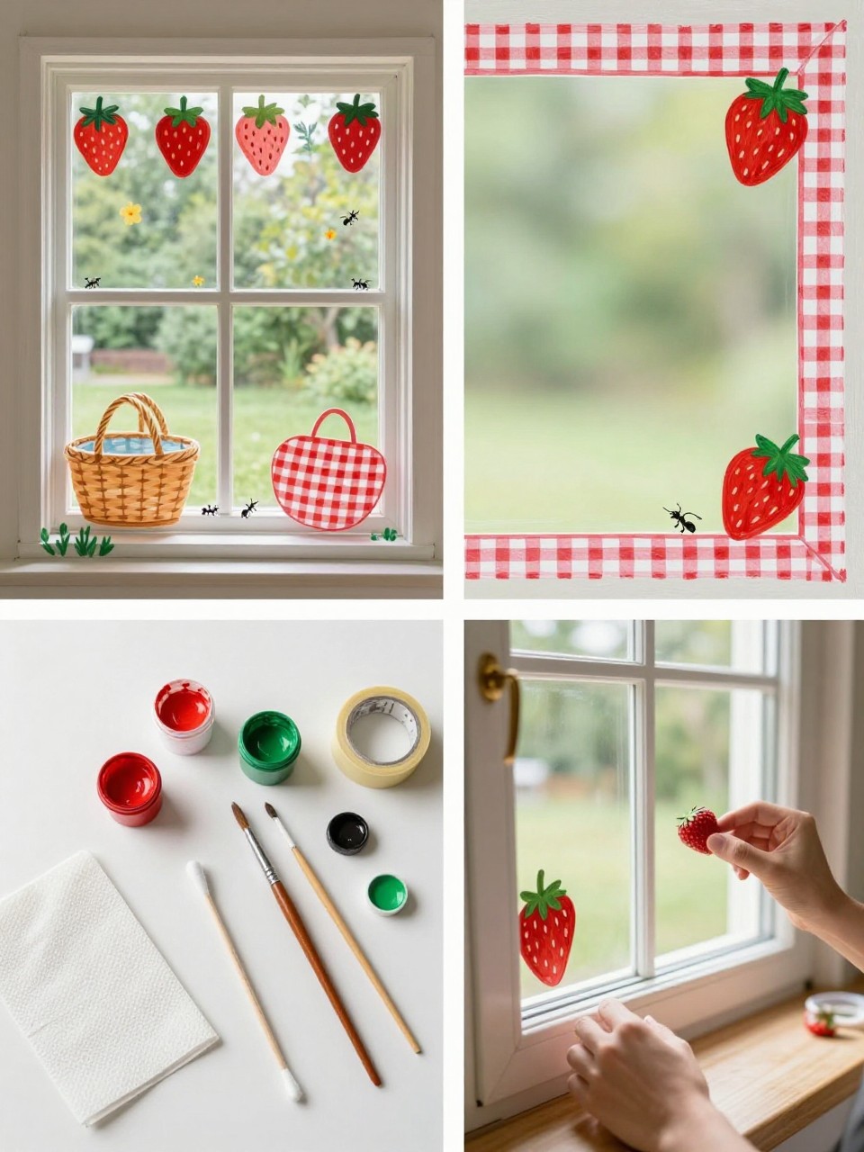 A realistic editorial 2x2 collage grid showing a summer picnic window border painting, top-left finished window with painted strawberries, picnic basket shapes, gingham checks, tiny ants, and simple flower details around the edges, top-right close-up of strawberry and gingham border details on glass, bottom-left flat lay of red, white, green, brown, and black washable paint, small brushes, painter’s tape, cotton swabs, and paper towels, bottom-right cropped hands painting a strawberry along the window border, cozy summer kitchen window setting, no faces, no text, no watermark on images.