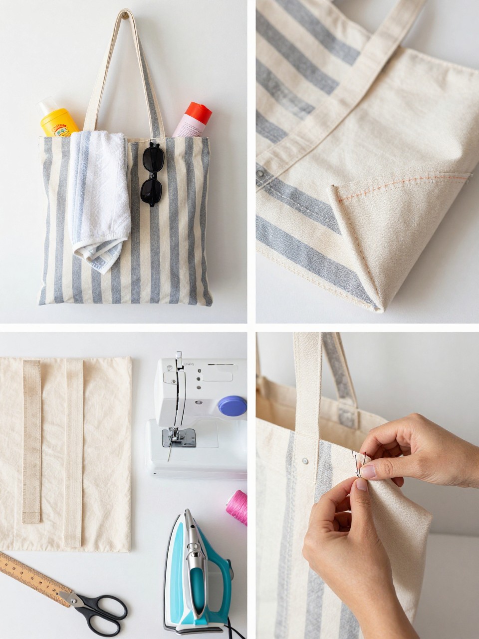 A realistic editorial 2x2 collage grid showing a beginner handmade beach tote, top-left finished canvas tote in striped summer fabric holding a towel, sunscreen, and sunglasses, top-right close-up of handle stitching and boxed bottom corner, bottom-left flat lay of sturdy cotton fabric, webbing straps, sewing machine, thread, pins, scissors, ruler, and iron, bottom-right cropped hands sewing a straight side seam on the tote, bright summer craft room setting, no faces, no text, no watermark on images.