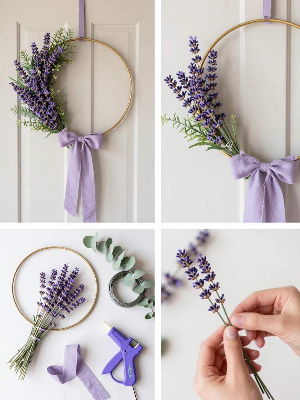 A realistic editorial 2x2 collage grid showing a lavender hoop summer wreath, top-left finished wreath on a neutral door using a gold metal hoop, faux lavender stems, soft greenery, and linen ribbon, top-right close-up of lavender sprigs tied to the hoop, bottom-left flat lay of metal hoop, lavender stems, eucalyptus, floral wire, linen ribbon, scissors, and glue gun, bottom-right cropped hands wrapping floral wire around lavender stems, soft cottage summer decor styling, no faces, no text, no watermark on images.
