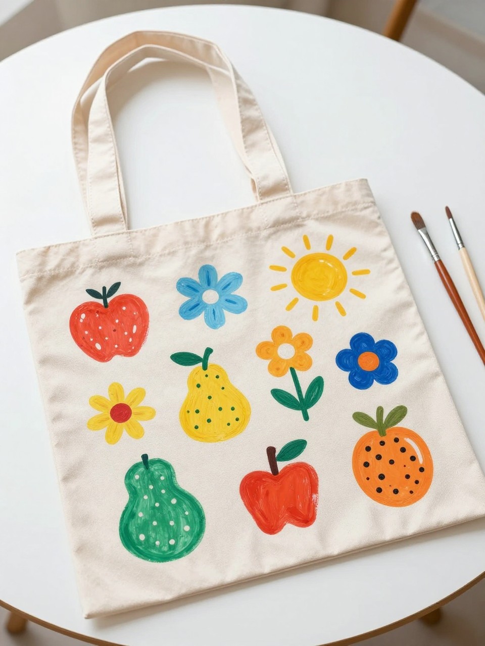 Detailed Image Prompt:
A high-quality editorial craft photo of a painted canvas tote bag on a summer craft table, plain cream tote decorated with colorful fruit shapes, flowers, suns, checkerboard accents, and simple hand-painted patterns, fabric paints and brushes nearby, clean bright tabletop, trendy handmade teen style, no people, no faces, no readable text, no watermark on images.