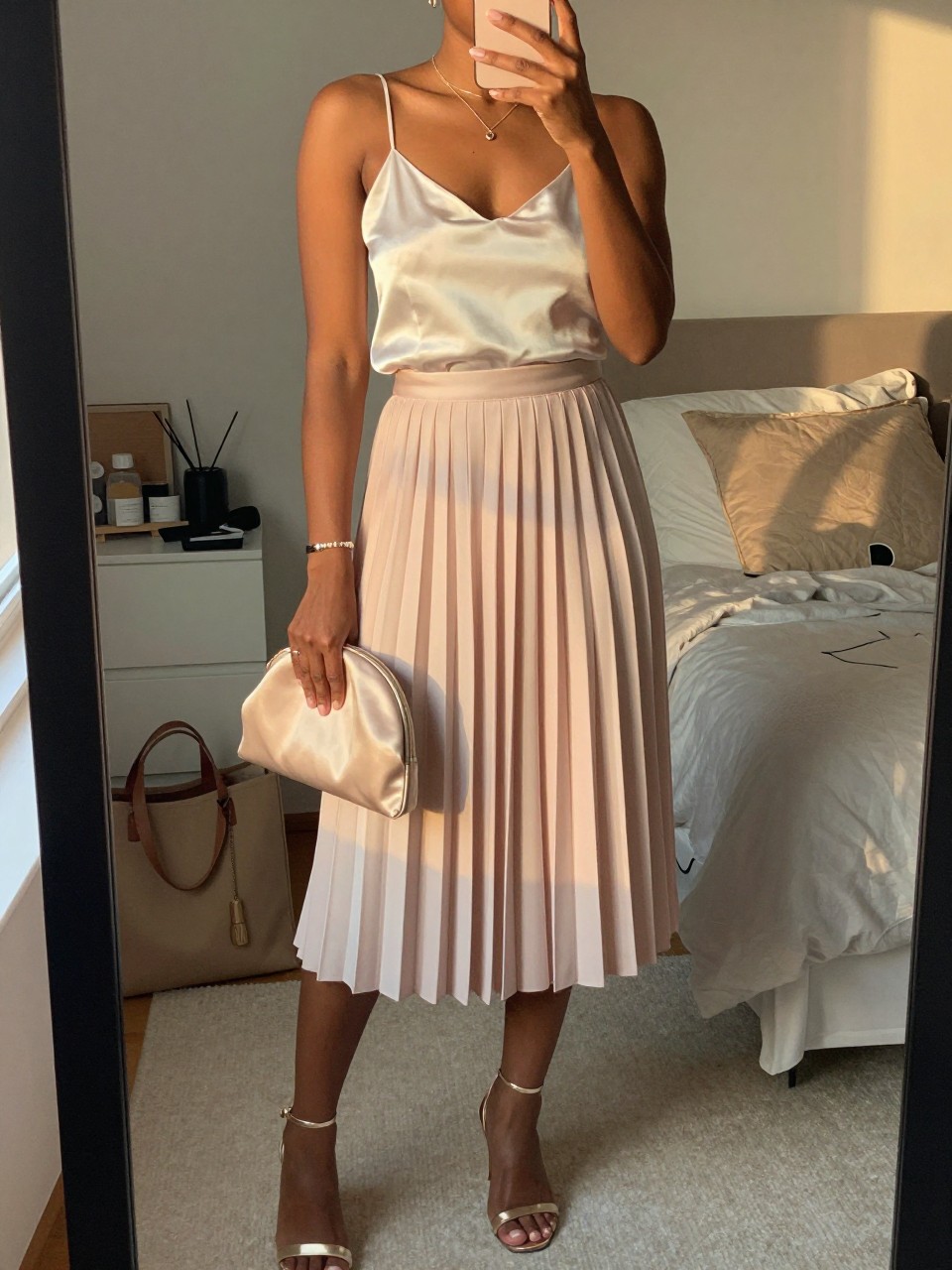 mirror selfie of a black woman wearing a blush pleated midi skirt with an ivory silk cami, champagne heeled sandals, nude satin clutch, and delicate jewelry, holding a phone in front of a mirror, cropped at NECK so face doesn't show, with a natural casual selfie pose, in a feminine-themed bedroom, evening golden hour, including small lived-in details like soft bedding in the background and a tote bag on the floor, latest iPhone photo quality.