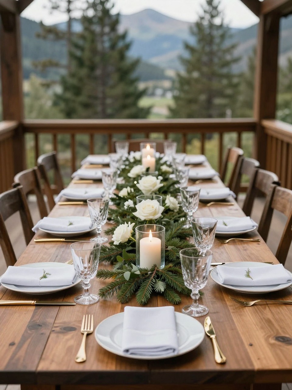 A professional editorial wedding reception photo showing a long wooden wedding table set in a mountain lodge or outdoor mountain terrace, styled with a lush evergreen garland running down the center, white roses, ivory taper candles in glass hurricane holders, white plates, folded linen napkins, clear crystal glasses, and polished gold flatware. Tall pine trees and soft mountain views in the background, no visible faces, no full people, table-focused composition, realistic DSLR wedding photography, no text, no watermark, (no watermarks on images)