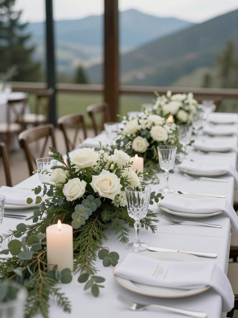 A fresh mountain wedding table image showing white roses, white hydrangeas, evergreen sprigs, eucalyptus, ivory candles, white plates, linen napkins, crystal glasses, and polished flatware on a long reception table. Outdoor mountain venue or glass-walled lodge setting with scenic views, no visible faces, no text, no watermark, realistic DSLR editorial photography, (no watermarks on images)