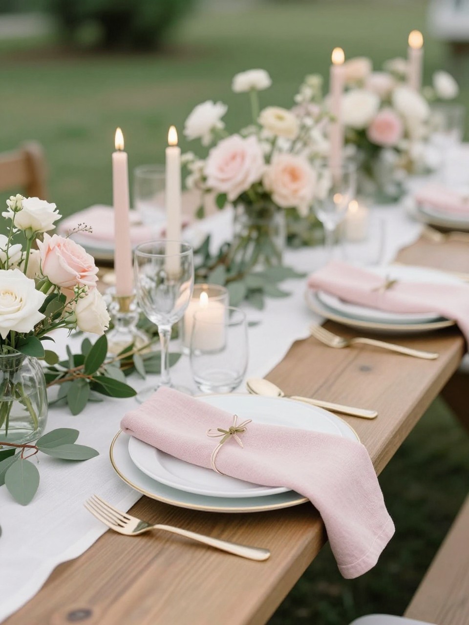 A romantic picnic table wedding photo showing soft pink linen napkins, blush flowers, ivory candles in glass holders, white plates, clear glassware, fresh greenery, and a simple white runner on a wooden picnic table. Outdoor garden reception setting with soft natural light, no visible faces, no text, no watermark, professional editorial wedding photography, (no watermarks on images)