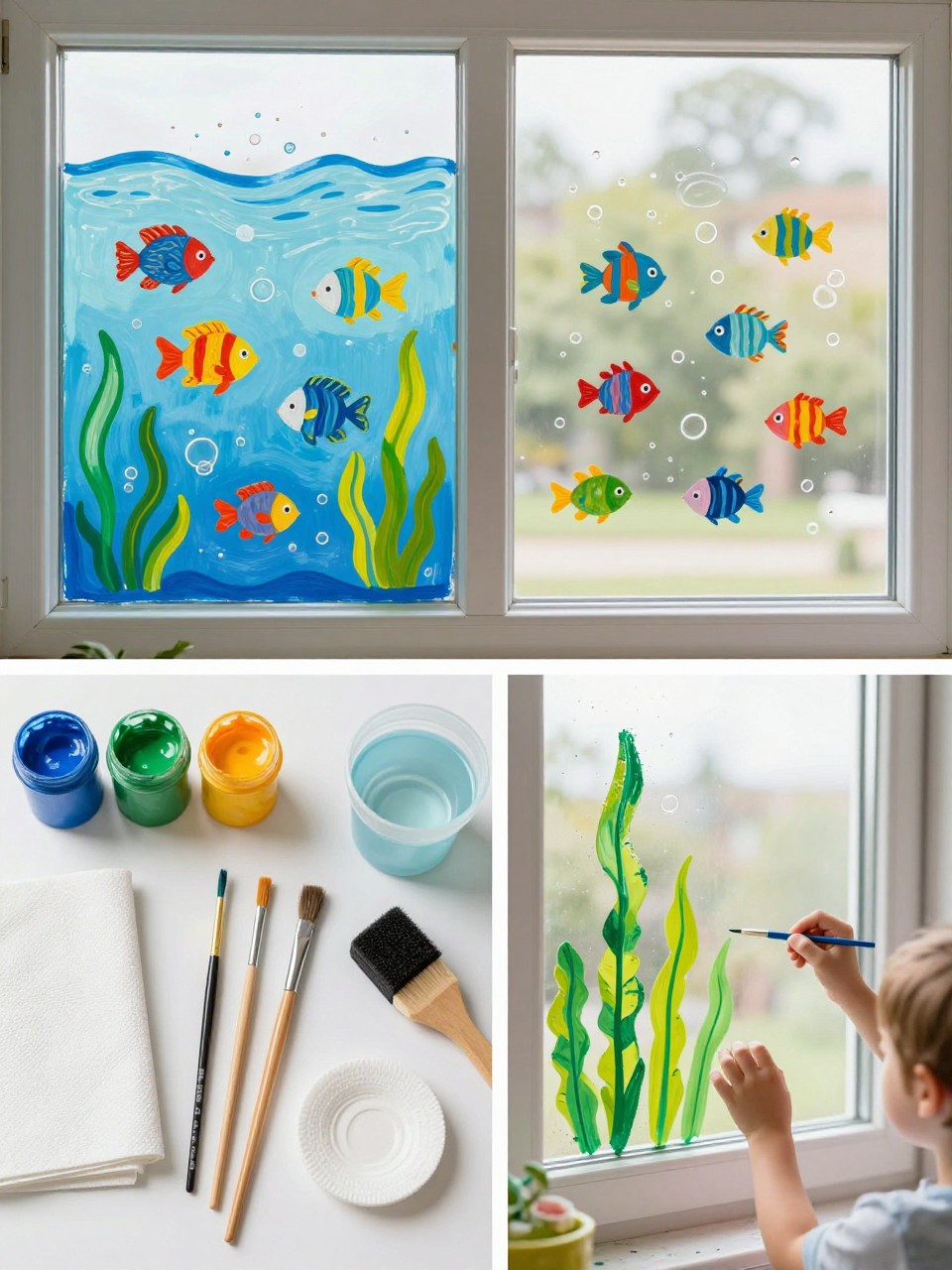 A realistic editorial 2x2 collage grid showing an underwater fish window painting, top-left finished window with colorful fish, bubbles, seaweed, and simple blue wave details, top-right close-up of small fish shapes and bubble dots on glass, bottom-left flat lay of blue, green, orange, yellow, and white washable paint, brushes, sponge brush, paper towels, and water cup, bottom-right cropped hands painting seaweed along the lower window pane, bright bathroom or kids’ room window setting, playful summer craft style, no faces, no text, no watermark on images.