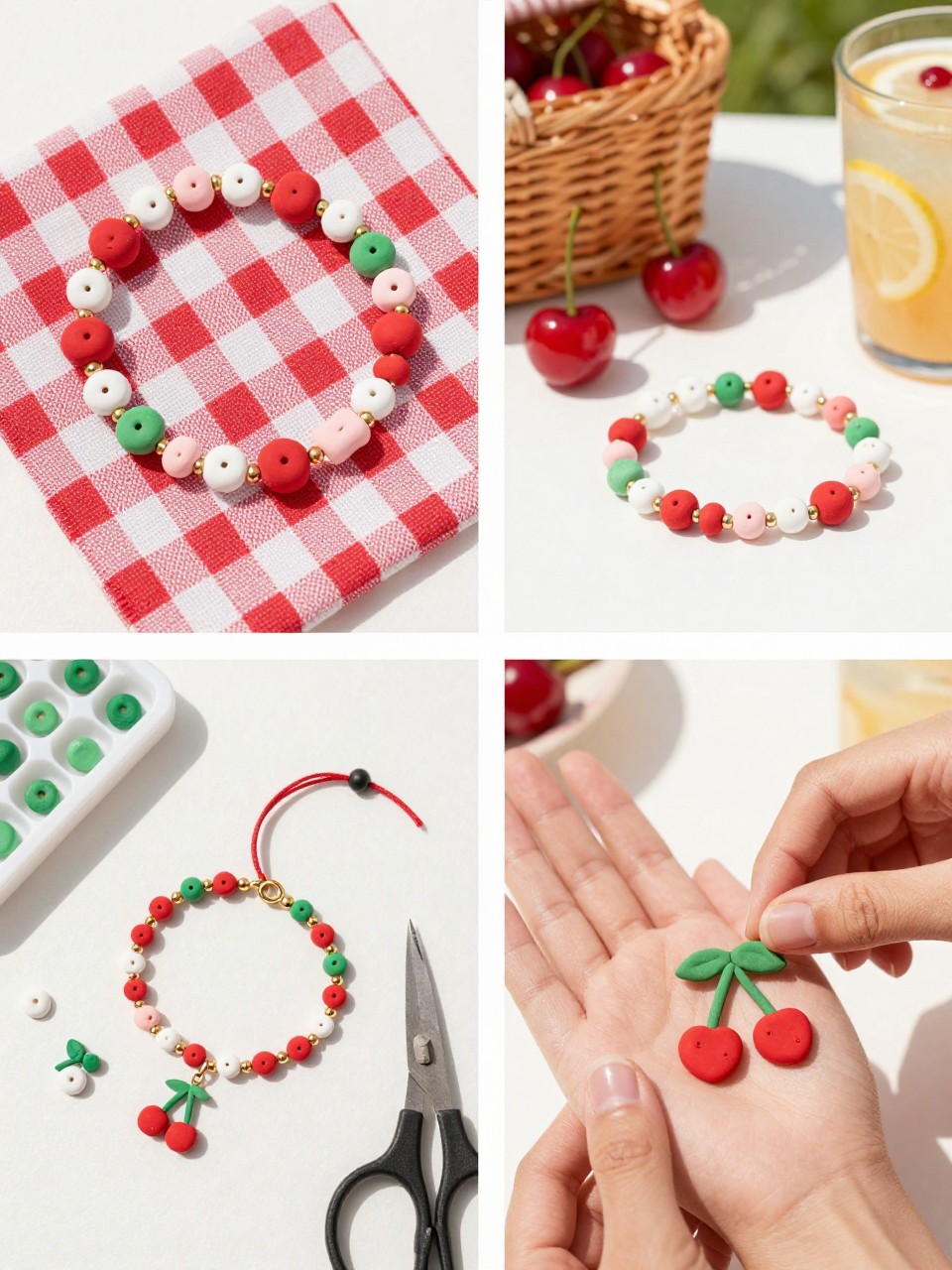 A realistic editorial 2x2 collage grid showing a cherry picnic clay bead bracelet, top-left finished bracelet with red, white, pale pink, green, and tiny gold spacer beads on a gingham napkin, top-right bracelet beside cherries, a picnic basket, and a summer drink, bottom-left flat lay of red and white clay beads, green accent beads, gold spacers, elastic cord, scissors, and bead tray, bottom-right cropped hands adding red beads into a cherry-inspired pattern, sunny picnic craft styling, no faces, no text, no watermark on images.