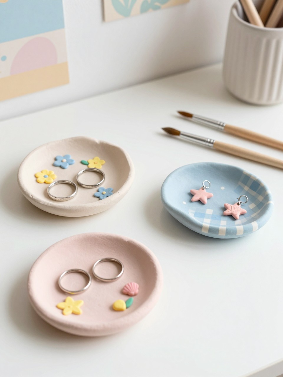 Detailed Image Prompt:
A polished summer craft image of handmade air-dry clay trinket dishes, small wavy dishes painted in pastel colors with flower, shell, star, and checkerboard designs, rings and earrings placed inside one dish, clay tools and paintbrushes nearby, clean desk styling, trendy teen bedroom decor feel, no hands, no faces, no text, no watermark on images.