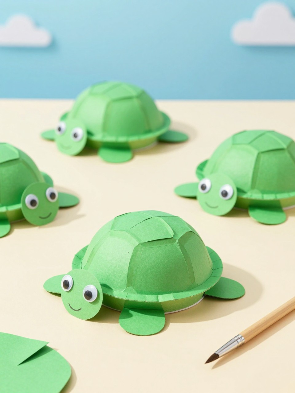 Detailed Image Prompt:
A cute summer animal craft photo showing toddler-made paper bowl turtles, small green painted paper bowls turned upside down as turtle shells, paper heads and legs, googly eyes, paintbrushes and green paper nearby, clean craft table with ocean-blue background, sweet kid craft style, no people, no faces, no text, no watermark on images.