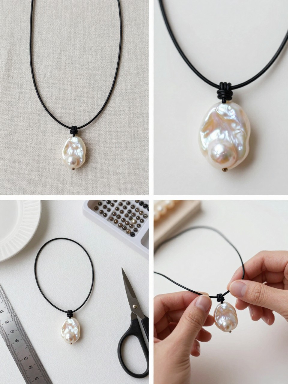 A realistic editorial 2x2 collage grid showing a minimal baroque pearl cord necklace, top-left finished necklace with one baroque pearl on thin black cord styled on linen fabric, top-right close-up of irregular pearl shape, clean cord knot, and adjustable closure, bottom-left flat lay of baroque pearl bead, black waxed cord, scissors, ruler, and small bead tray, bottom-right cropped hands tying a sliding knot on the cord, clean modern summer jewelry DIY setting, no faces, no text, no watermark on images.