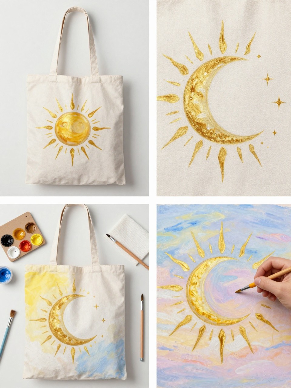 A realistic editorial 2x2 collage grid showing a sun and moon painted canvas tote bag, top-left finished tote with a golden sun, pale moon, tiny stars, and soft cloud details on cream canvas, top-right close-up of sun rays, moon curve, and star dots, bottom-left flat lay of tote, yellow, gold, cream, white, and pale blue fabric paint, brushes, pencil, cardboard insert, and paper towel, bottom-right cropped hands painting sun rays around a circle, dreamy summer evening craft styling, no faces, no text, no watermark on images.
