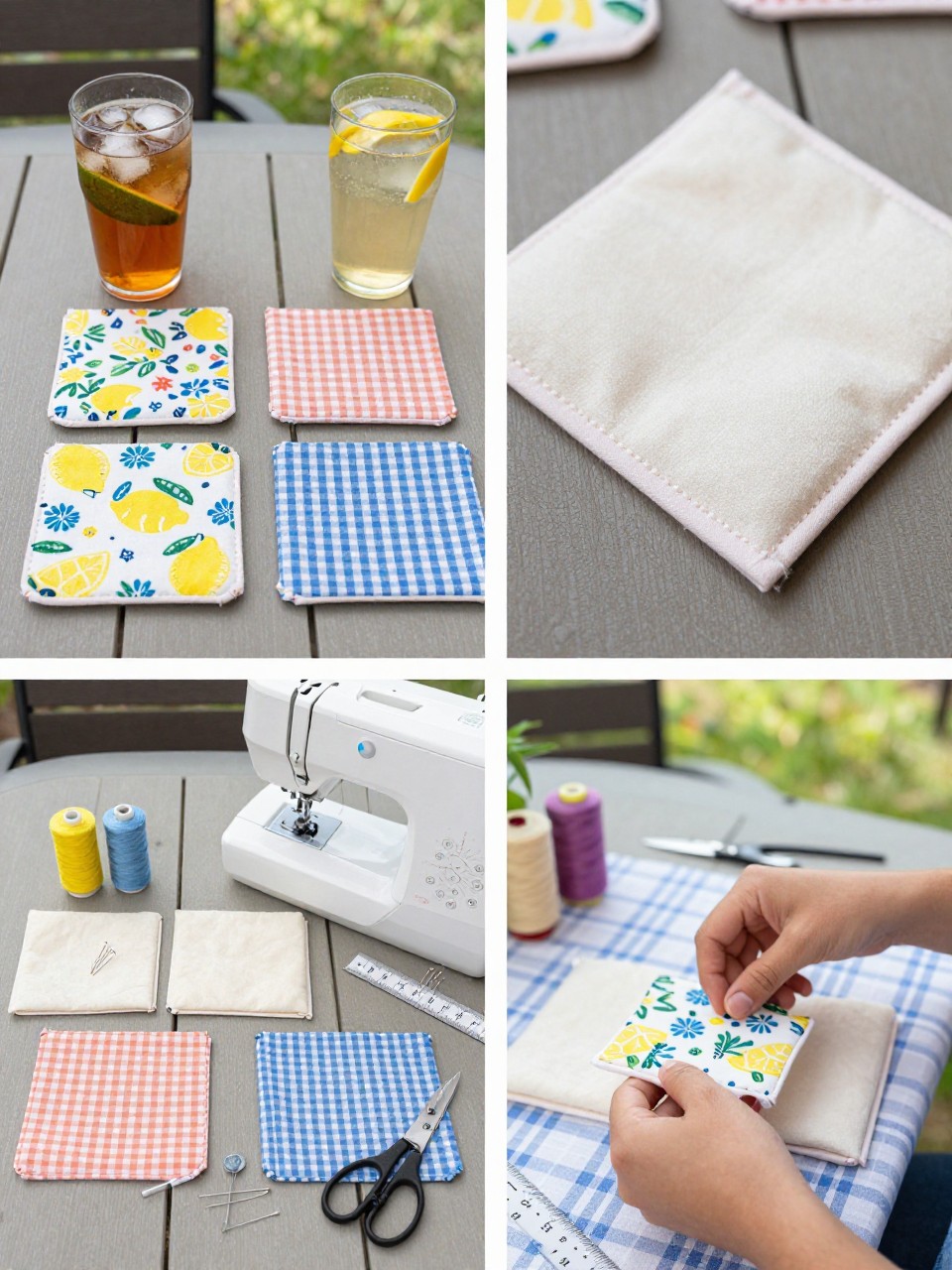 A realistic editorial 2x2 collage grid showing handmade summer fabric coasters, top-left finished square coasters in lemon, floral, gingham, and stripe fabrics under cold drinks on a patio table, top-right close-up of topstitched edges and soft padding, bottom-left flat lay of fabric squares, batting, sewing machine, thread, pins, scissors, and ruler, bottom-right cropped hands sewing around a coaster edge, sunny outdoor dining sewing setup, no faces, no text, no watermark on images.