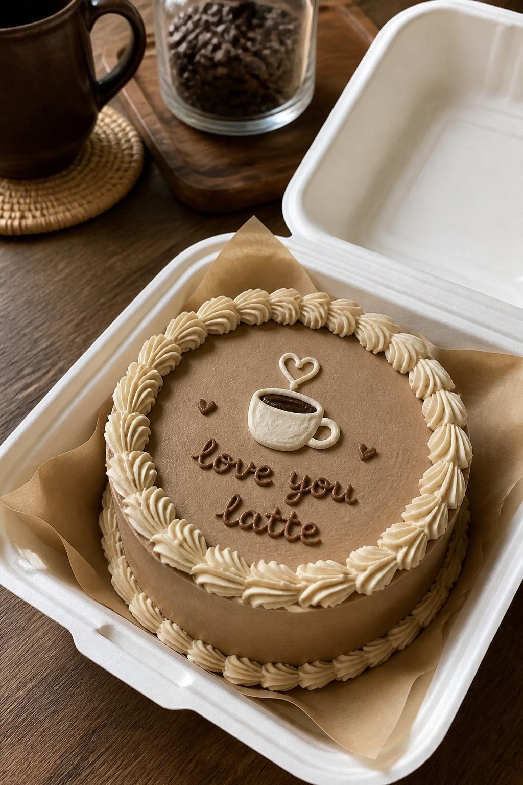 Image Prompt:
A cute coffee themed bento cake for boyfriend, small round cake with mocha brown frosting, cream piped border, tiny buttercream coffee cup icon in the center, small heart steam above the cup, icing text reading “love you latte,” placed in a white bento box, cozy cafe style table setup, warm natural light, realistic bakery photography, no people, no hands, no faces, no watermarks on images