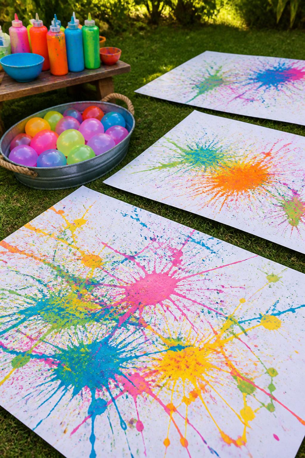 Detailed Image Prompt:
A lively outdoor summer art photo showing water balloon splatter paintings on large white paper, bright washable paint splashes in pink, blue, yellow, green, and orange, small filled water balloons in a tray, outdoor grass setting, playful summer art setup, no children, no faces, no readable text, no watermark on images.