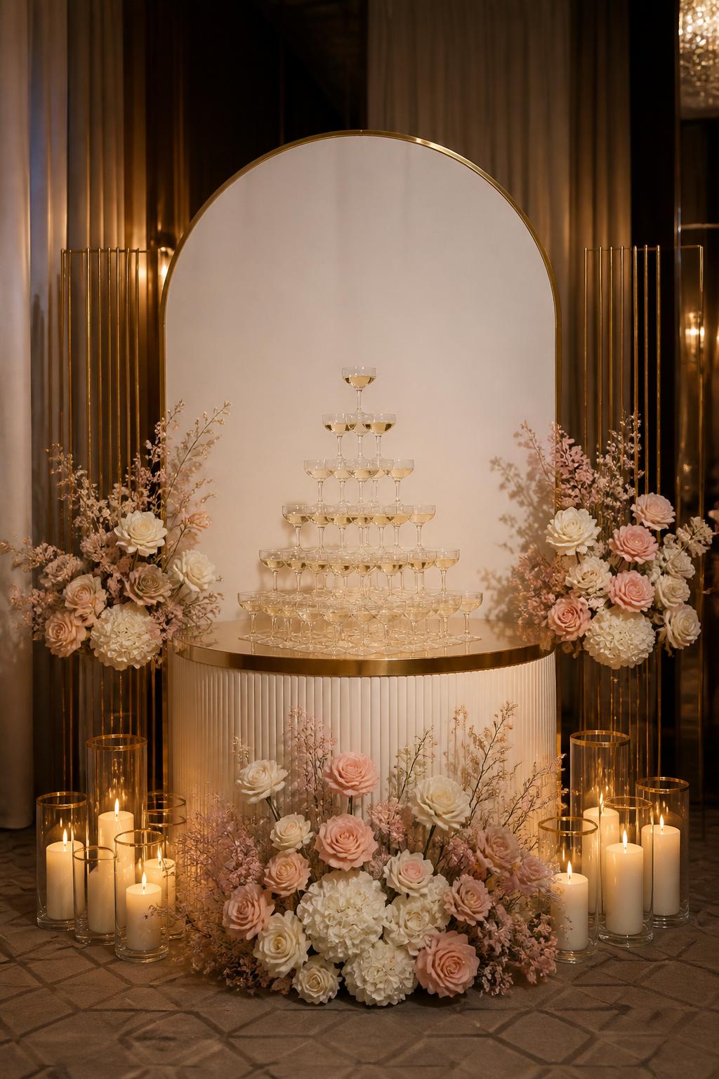 Image Prompt:
A single realistic photo of a stylish engagement backdrop centered around a champagne tower display, with a cream arched panel behind it, blush and white flowers at the base, soft gold accents, candle clusters, a refined indoor celebration setting, no people, no faces, warm evening lighting, realistic luxury event photography, no text, no watermark.