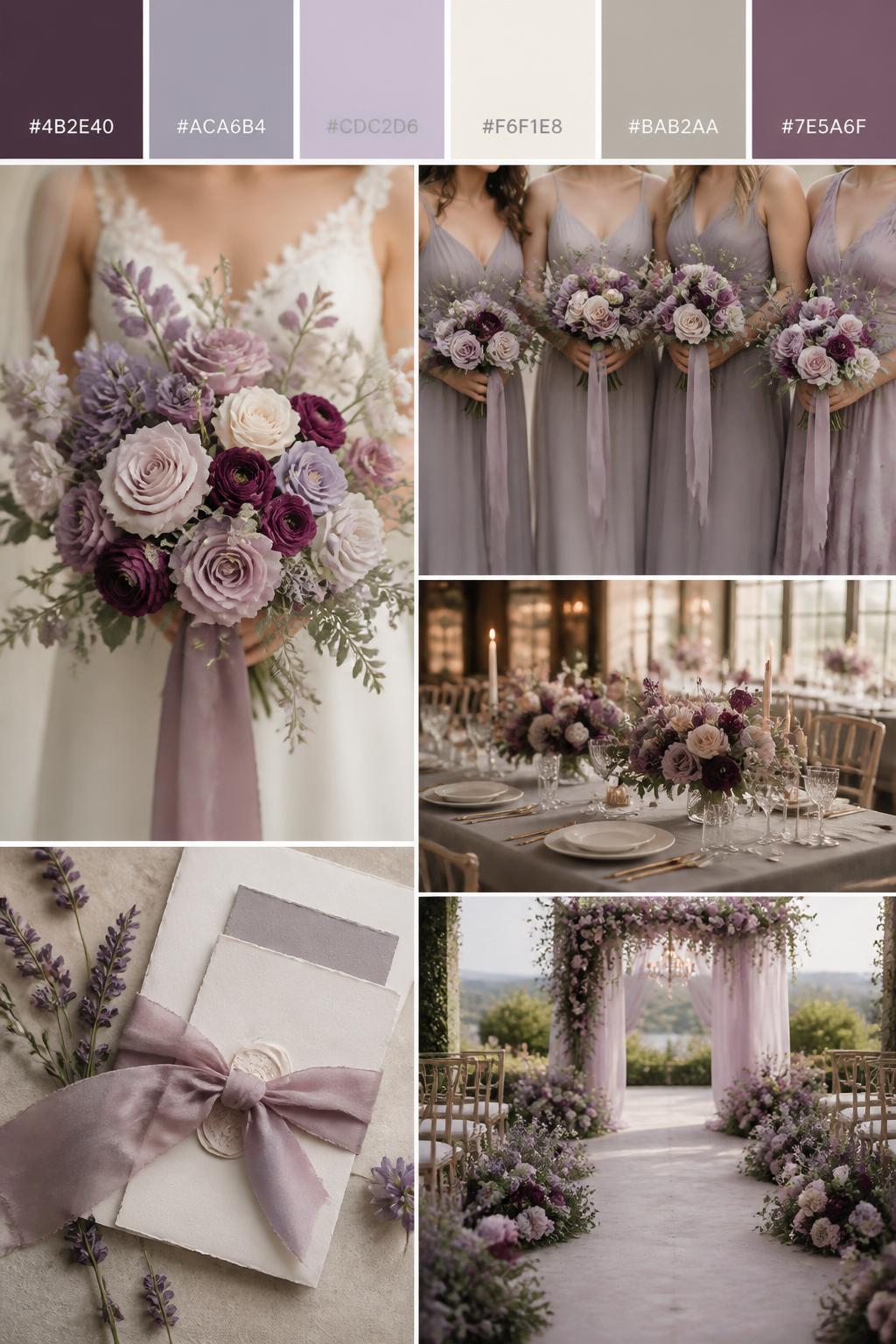 A wedding mood board in a realistic collage style with a top palette strip showing hex-coded swatches in mulberry, lavender gray, dusty lilac, cream, silver taupe, and soft plum. Below, include a dreamy wedding bouquet, soft gray-lilac bridesmaid styling, mulberry floral touches, elegant reception decor, stationery with silk ribbon, and a romantic ceremony setup. The look should feel soft, refined, and lightly whimsical with polished DSLR-style realism. 9:16 vertical format. No extra text except small hex codes on the palette strip. (no watermarks on images)