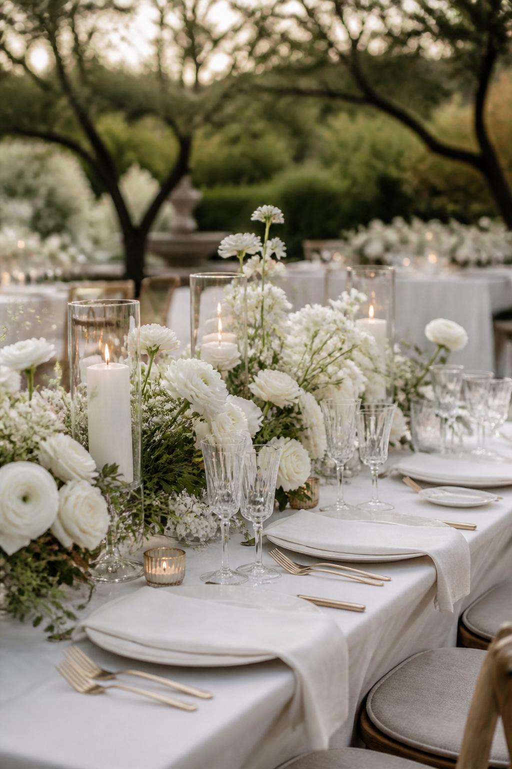 Image Prompt:
A beautiful garden wedding table decorated with white roses, white ranunculus, soft greenery, ivory candles, white plates, gold or silver flatware, crystal glasses, and white linen. Outdoor garden reception with soft natural light, no visible faces, no text, no watermark, realistic editorial wedding photography, (no watermarks on images)