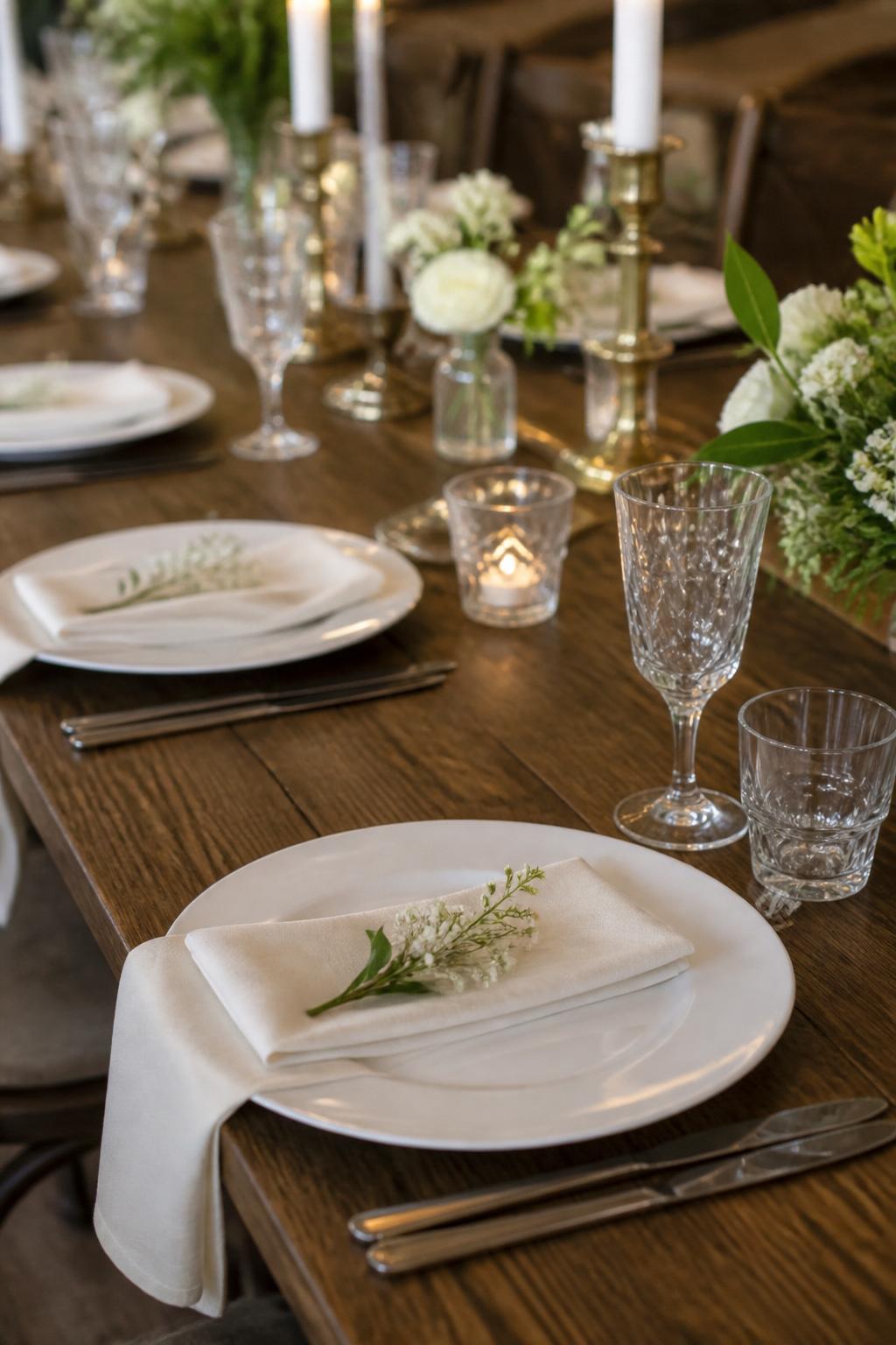 A classy wedding reception table showing a mostly bare wooden tabletop with elegant place settings, white plates, folded linen napkins, polished flatware, clear crystal glasses, a few simple candles, and very light floral touches. Clean and refined wedding setting, no visible faces, no text, no watermark, realistic editorial photography, (no watermarks on images)
