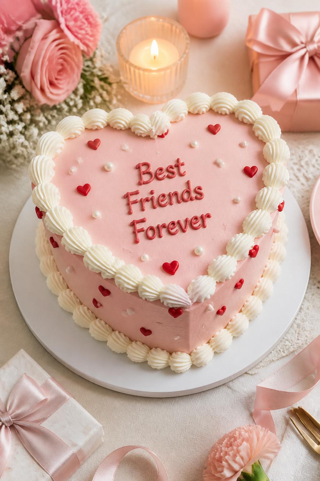 Image Prompt: A cute friendship anniversary cake with a heart-shaped design, soft pink buttercream, white shell piping, tiny red hearts, pearl dots, and a sweet “Best Friends Forever” message on top. Style it on a cheerful dessert table with pastel flowers, candles, ribbons, and small gift boxes. Make it realistic, sweet, polished, and editorial, no people, no faces, no text overlay, no watermark. (no watermarks on images)