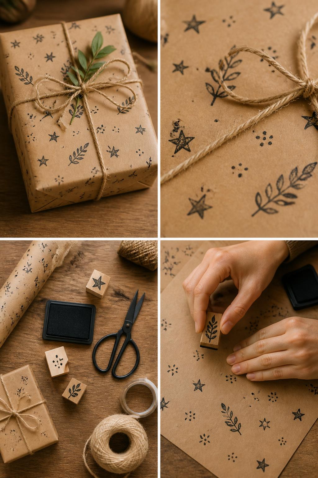 Detailed Image Prompt:
A realistic editorial 2x2 collage grid showing stamped kraft paper gift wrap, top-left finished gift wrapped in kraft paper with small hand-stamped stars, leaves, and dots, top-right close-up of stamped ink pattern and twine detail, bottom-left flat lay of kraft paper, rubber stamps, ink pad, scissors, tape, twine, and gift box, bottom-right cropped hands stamping a simple pattern onto kraft paper, handmade gift wrap craft setting, no faces, no text, no watermark on images.