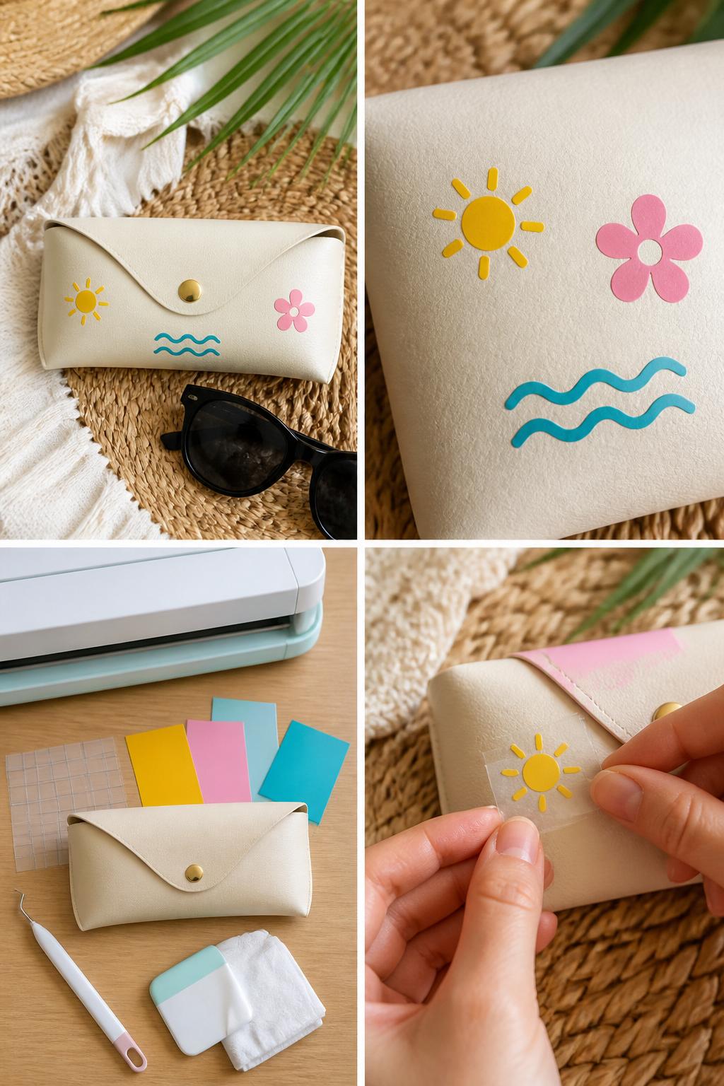 Detailed Image Prompt:
A realistic editorial 2x2 collage grid showing a beginner Cricut sunglasses case project, top-left finished plain sunglasses case with small vinyl sun, flower, and wave decals, top-right close-up of smooth vinyl icons on the case surface, bottom-left flat lay of blank sunglasses case, permanent vinyl, transfer tape, Cricut machine, weeding tool, scraper, and rubbing alcohol cloth, bottom-right cropped hands applying a tiny vinyl sun to the case, bright summer accessory craft setting, no faces, no text, no watermark on images.