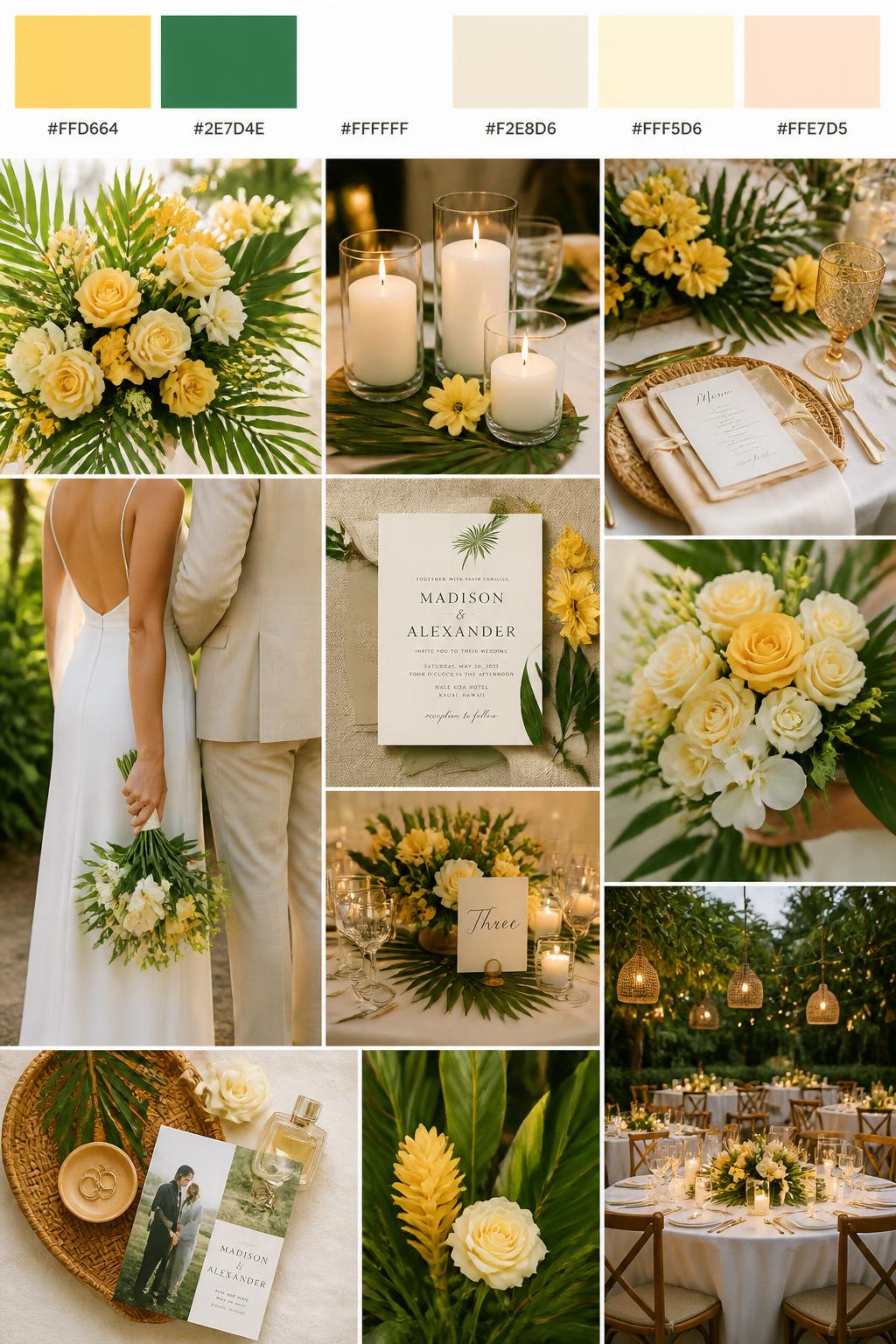 A realistic wedding palette mood board in a polished Pinterest collage layout. Include a top strip of color swatches with hex codes in pineapple yellow, palm green, white, soft beige, buttercream, and pale peach. Below, show a fresh collage with yellow florals, palm leaves, white candles, tropical table styling, invitation flat lays, a side-view cropped couple shot with no faces visible, bouquet close-ups, and softly lit reception decor. Keep variety in the compositions with no full faces, using back views, hands-only images, and no-people styling scenes. The mood should feel sunny, tropical, and romantic with real DSLR photo quality. 9:16 vertical format. (no watermarks on images)