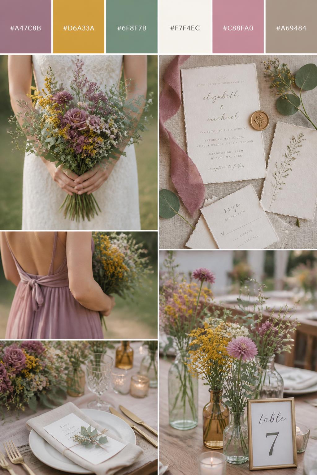 A realistic wedding color mood board in a vertical Pinterest collage layout. Add a top strip of swatches with small hex codes in mauve, mustard yellow, eucalyptus green, ivory, dusty rose, and warm taupe. Below, show a romantic wildflower collage with mauve flowers, mustard wildflowers, eucalyptus leaves, ivory table decor, textured invitations, hands holding a bouquet at waist level, a cropped bridesmaid dress fabric shot, and no-people reception styling with small floral arrangements in glass bottles. Use side-view, back-view, hands-only, and no-people scenes to avoid face issues. The mood should feel warm, charming, and garden-romantic with DSLR realism. 9:16 vertical format. (no watermarks on images)