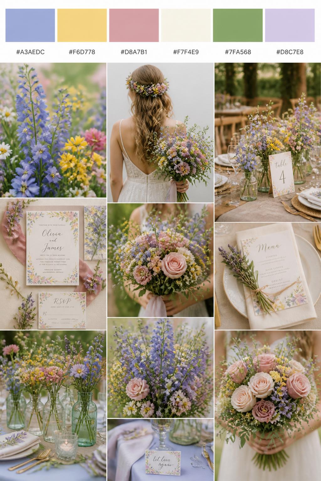 A realistic wildflower wedding mood board with a top row of swatches and hex codes in periwinkle, soft yellow, dusty rose, cream, fresh green, and pale lavender. Below, create a soft colorful collage with periwinkle flowers, yellow wildflowers, dusty rose blooms, cream table styling, floral stationery, bouquet close-ups held by hands only, a back-view bride holding flowers with no face visible, and no-people reception decor with wildflower jars. Use no clear faces, with side views, back views, cropped details, and no-people scenes. The look should feel sweet, pretty, and garden-inspired with realistic DSLR lighting. 9:16 vertical format. (no watermarks on images)