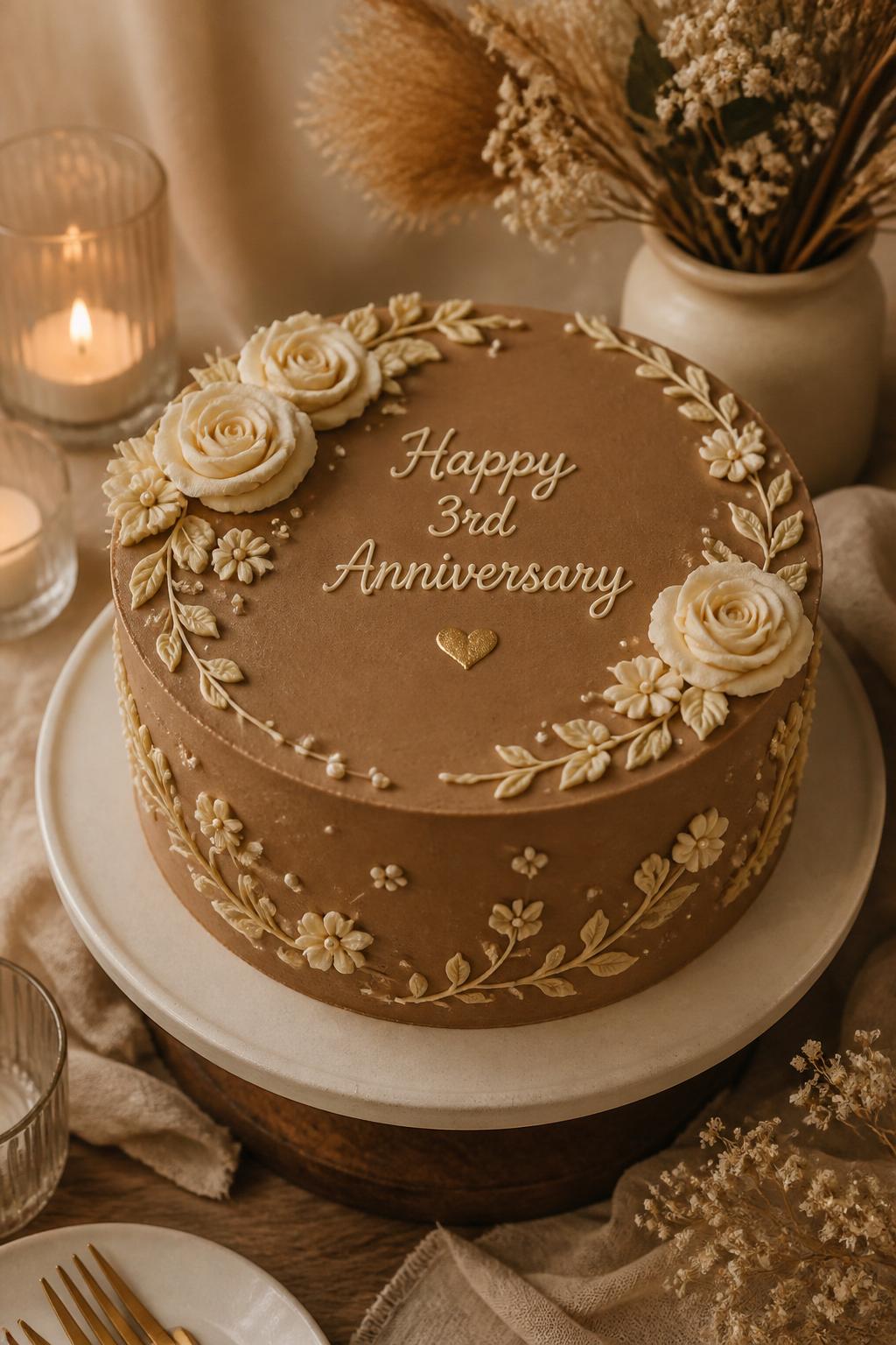 Image Prompt: A beautiful brown sugar-toned 3rd anniversary cake with smooth warm brown buttercream, cream floral piping, tiny pearl dots, soft ivory roses, and a subtle gold heart accent. Style it on a warm neutral dessert table with candles, linen, and dried floral details. Make it romantic, earthy, and realistic, no people, no faces, no watermark. (no watermarks on images)