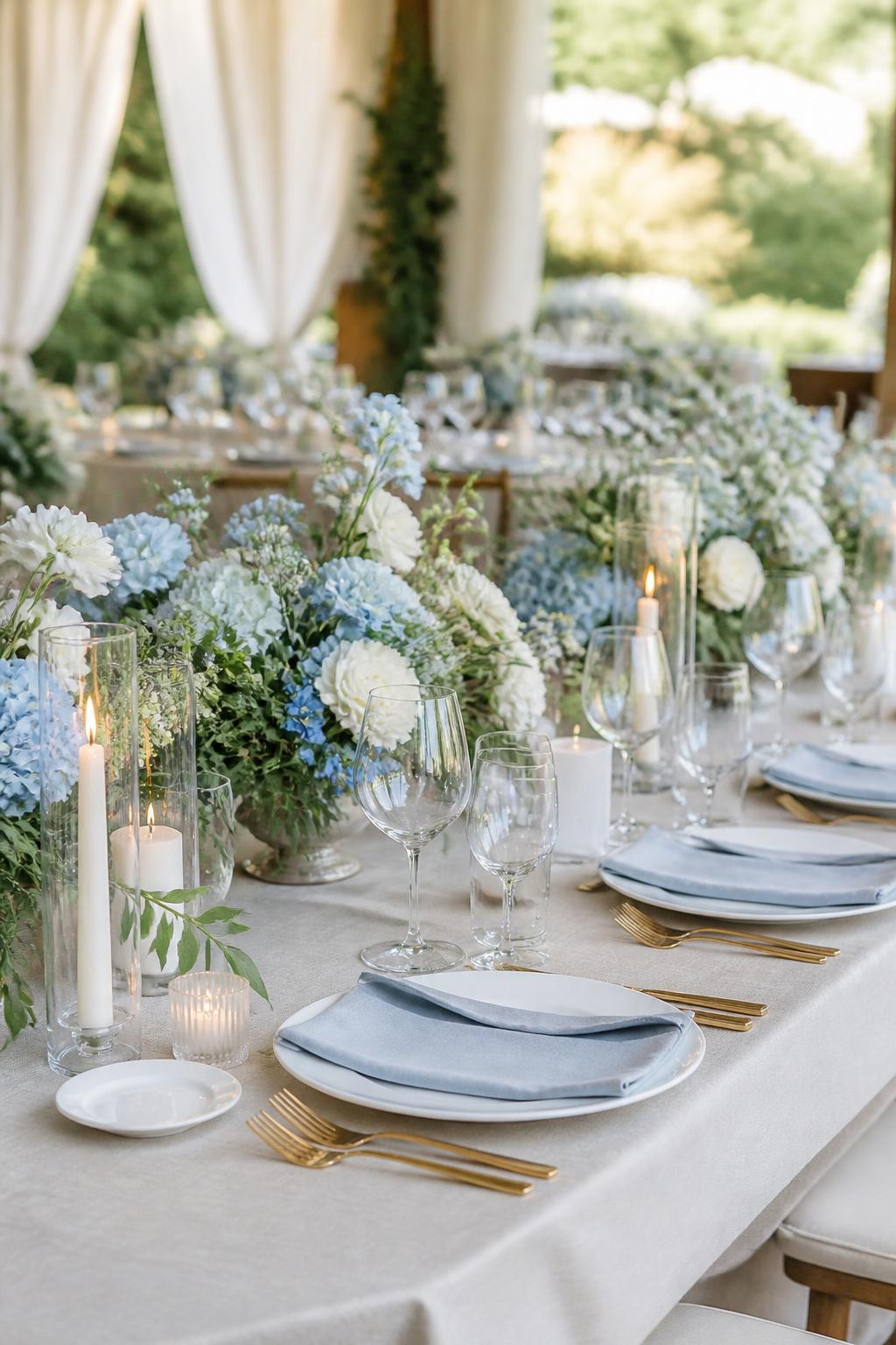 Image Prompt:
A beautiful wedding table photo showing soft blue floral centerpieces mixed with white blooms and greenery, paired with neutral linen, white plates, clear glassware, gold flatware, and ivory candles. Romantic garden or tented reception setting, no visible faces, no text, no watermark, realistic editorial photography, (no watermarks on images)