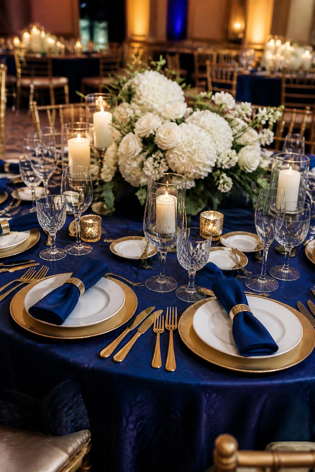 Image Prompt:
A formal wedding reception table styled with royal blue napkins, white floral centerpieces, gold chargers, white plates, crystal glasses, gold flatware, and ivory candles. Elegant ballroom setting with warm lighting, no visible faces, no text, no watermark, realistic wedding magazine photography, (no watermarks on images)