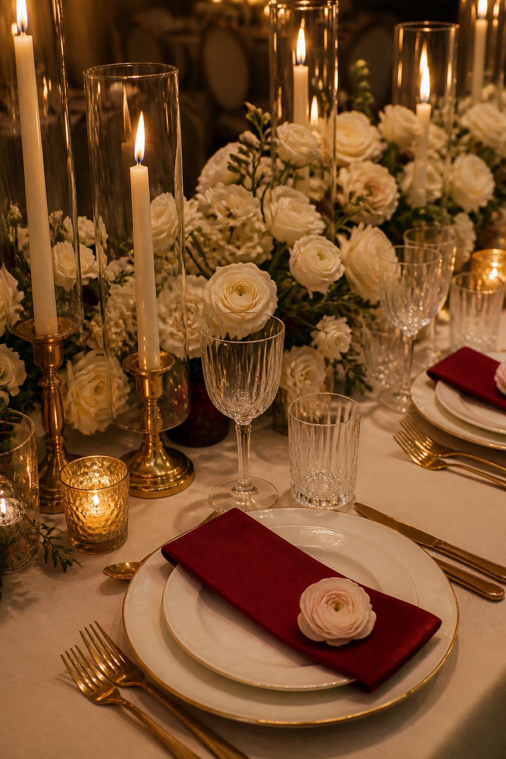 Image Prompt:
A chic wedding table photo showing ruby red napkins or menu cards, soft ivory flowers, gold candle holders, white plates, crystal glasses, gold flatware, and warm candlelight. Romantic formal reception setting, no visible faces, no text, no watermark, realistic editorial wedding photography, (no watermarks on images)