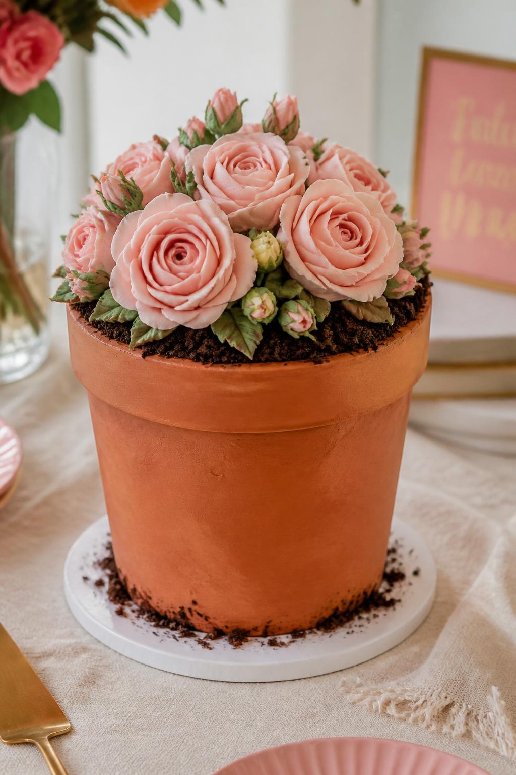 Detailed Image Prompt:
A romantic terracotta flower pot cake covered in realistic pot-textured frosting and topped with full blush pink buttercream roses, rosebuds, green leaves, and dark chocolate crumb soil, styled on a soft linen table with feminine party decor, natural daylight, close-up editorial cake photography, no people, realistic DSLR photo, no watermarks on images.
