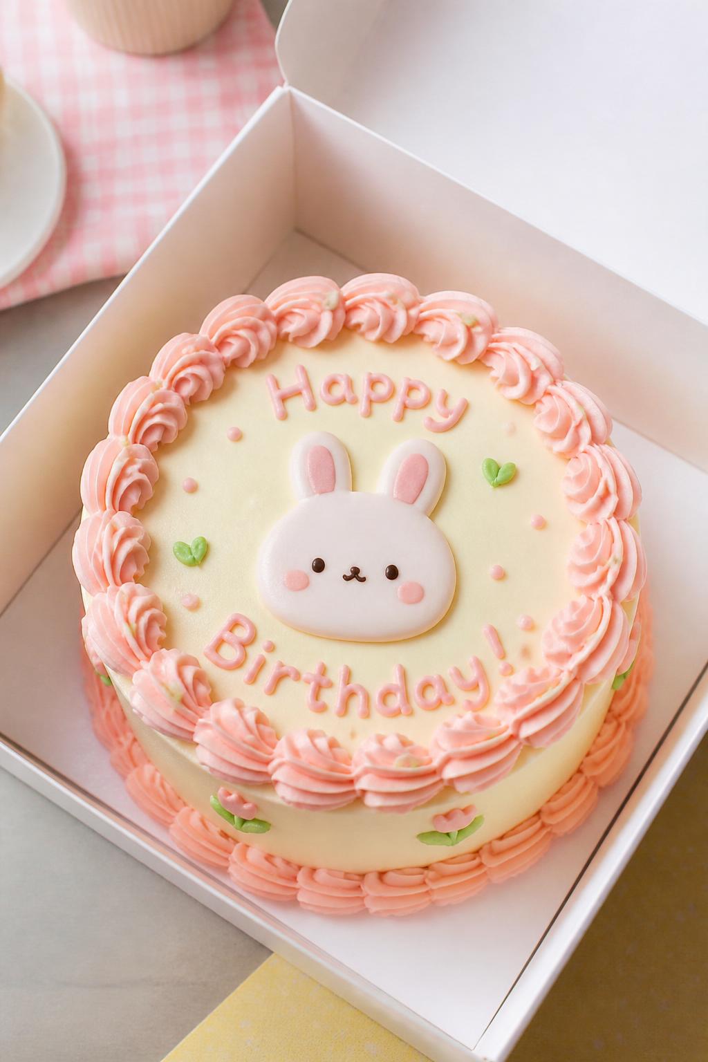 Image Prompt:
A cute character inspired bento birthday cake with pastel frosting, a tiny simple cartoon face design in the center, piped border, playful birthday message, white open cake box, bright cheerful styling, realistic close-up bakery photography, no people, no hands, no faces, no watermarks on images
