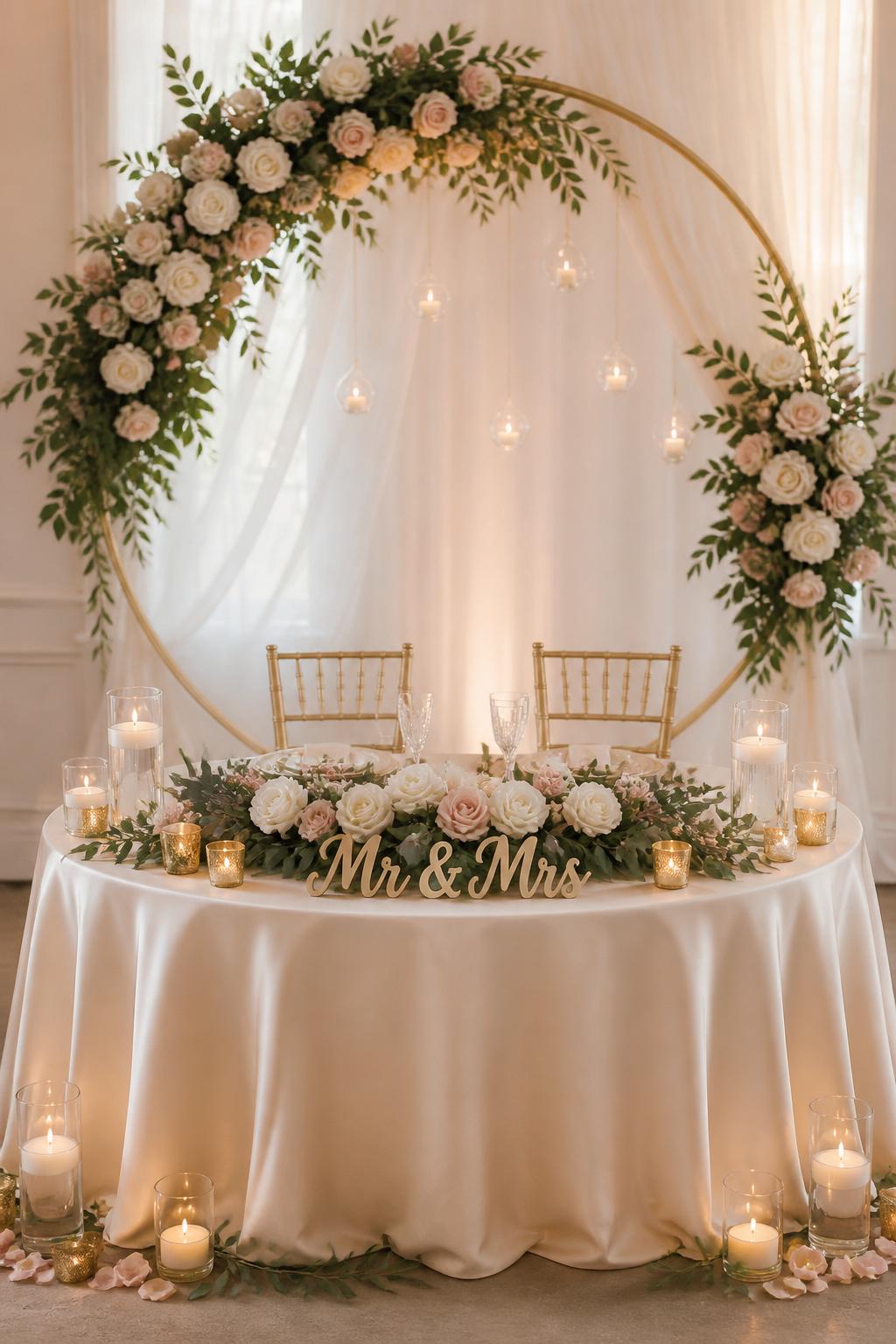 Image Prompt:
An elegant wedding reception photo showing a sweetheart table with a large floral hoop backdrop behind it, decorated with white roses, blush flowers, greenery, and soft draping. The table includes a small Mr and Mrs sign, ivory linen, candles, crystal glasses, and gold accents. No visible faces, no full people, table and backdrop focused, no watermark, professional editorial wedding photography.