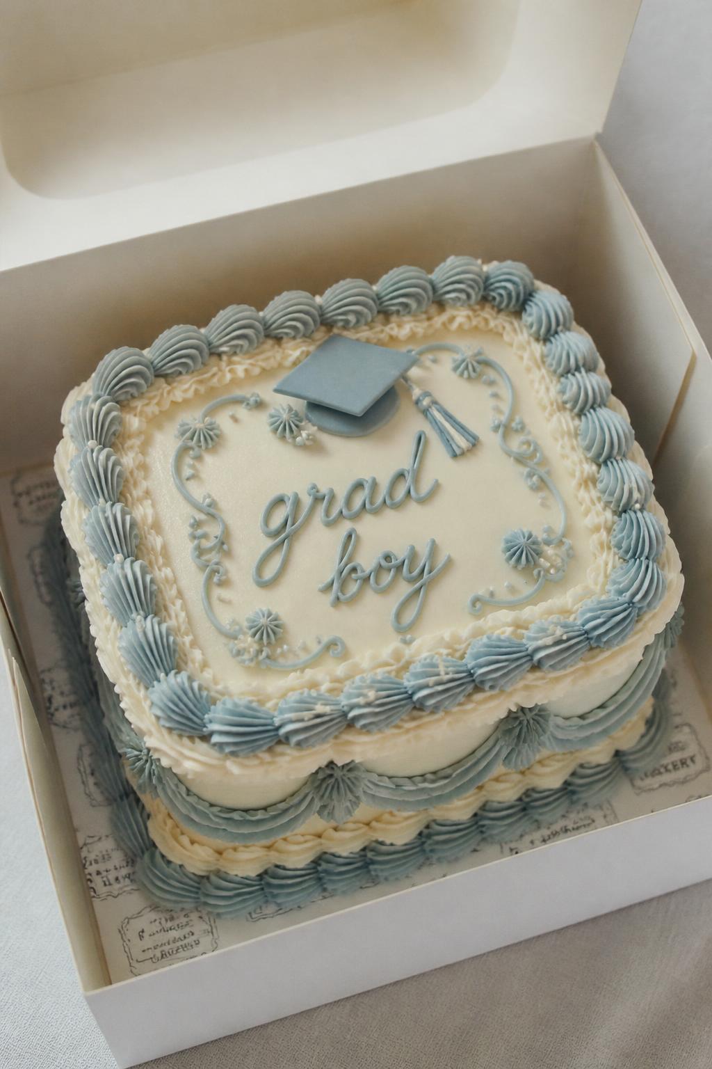 Image Prompt:
A vintage style graduation bento cake inside an open white cake box, soft pastel frosting, detailed shell borders, ruffle piping, delicate swirls, handwritten icing text reading “grad girl” or “grad boy,” retro bakery styling, soft natural light, realistic close-up dessert photography, no people, no hands, no faces, (no watermarks on images)