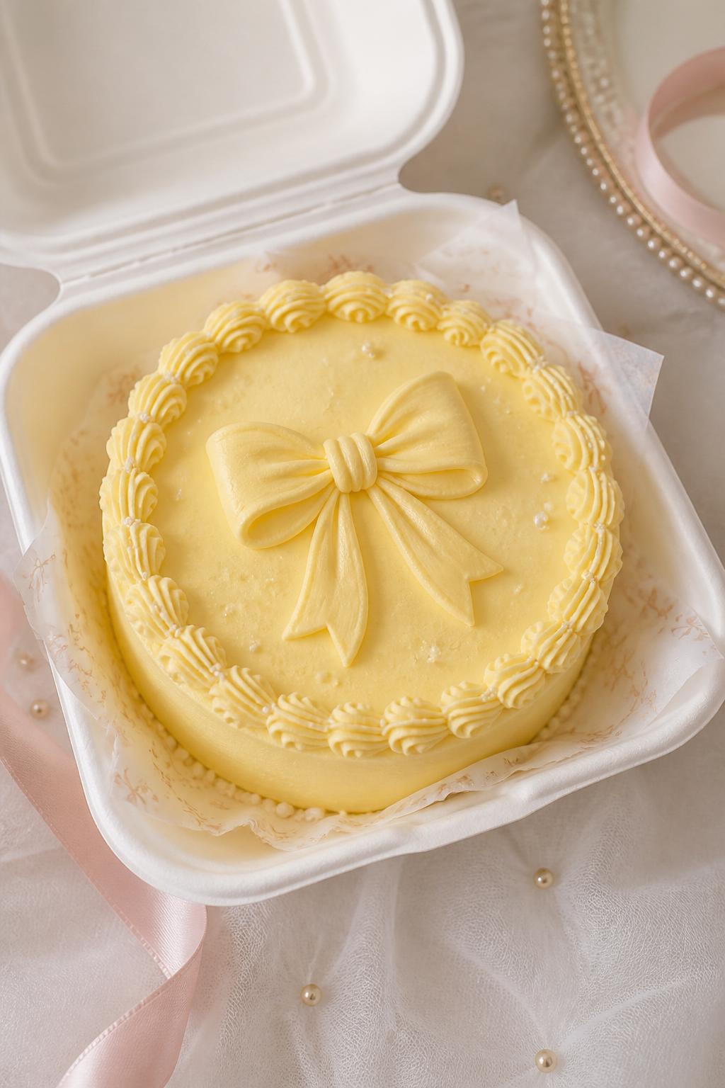 Image Prompt:
A cute yellow bow bento cake inside an open white bento box, pale yellow frosting, central buttercream bow design, tiny pearl sprinkles, delicate piped border, sweet coquette bakery styling, soft pastel backdrop, realistic DSLR dessert photography, no people, no hands, no faces, no watermarks on images