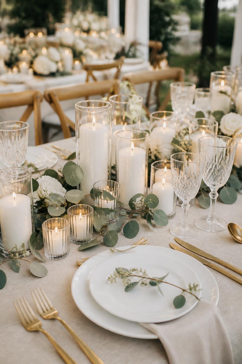 Image Prompt:
A cute wedding table image showing clustered candles in small clear glass holders, paired with fresh eucalyptus greenery, white flowers, neutral linen, white plates, gold flatware, and clear crystal glasses. Garden or tented wedding reception setting, no visible faces, no text, no watermark, realistic wedding magazine photography, (no watermarks on images)
