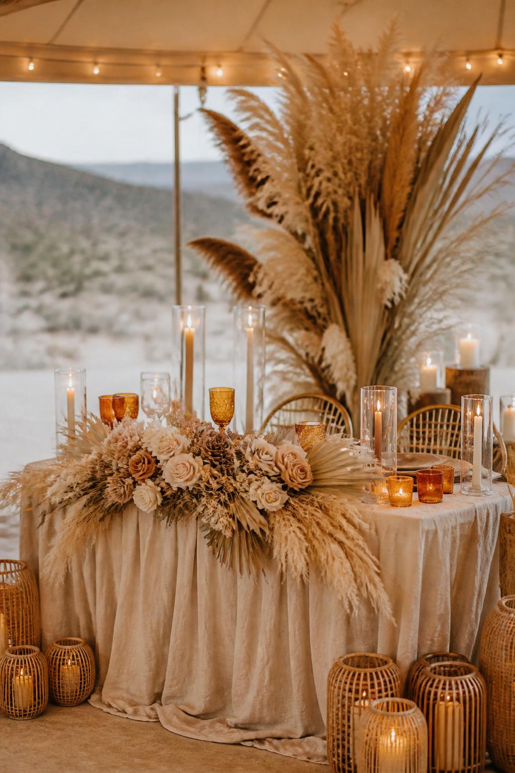 Image Prompt:
A stylish boho sweetheart table featuring pampas grass, dried flowers, beige roses, neutral linen, amber glassware, candles, and soft warm lighting. Outdoor tented or desert-inspired wedding setting, no visible faces, no full people, realistic editorial wedding photography, no text, (no watermarks on images)