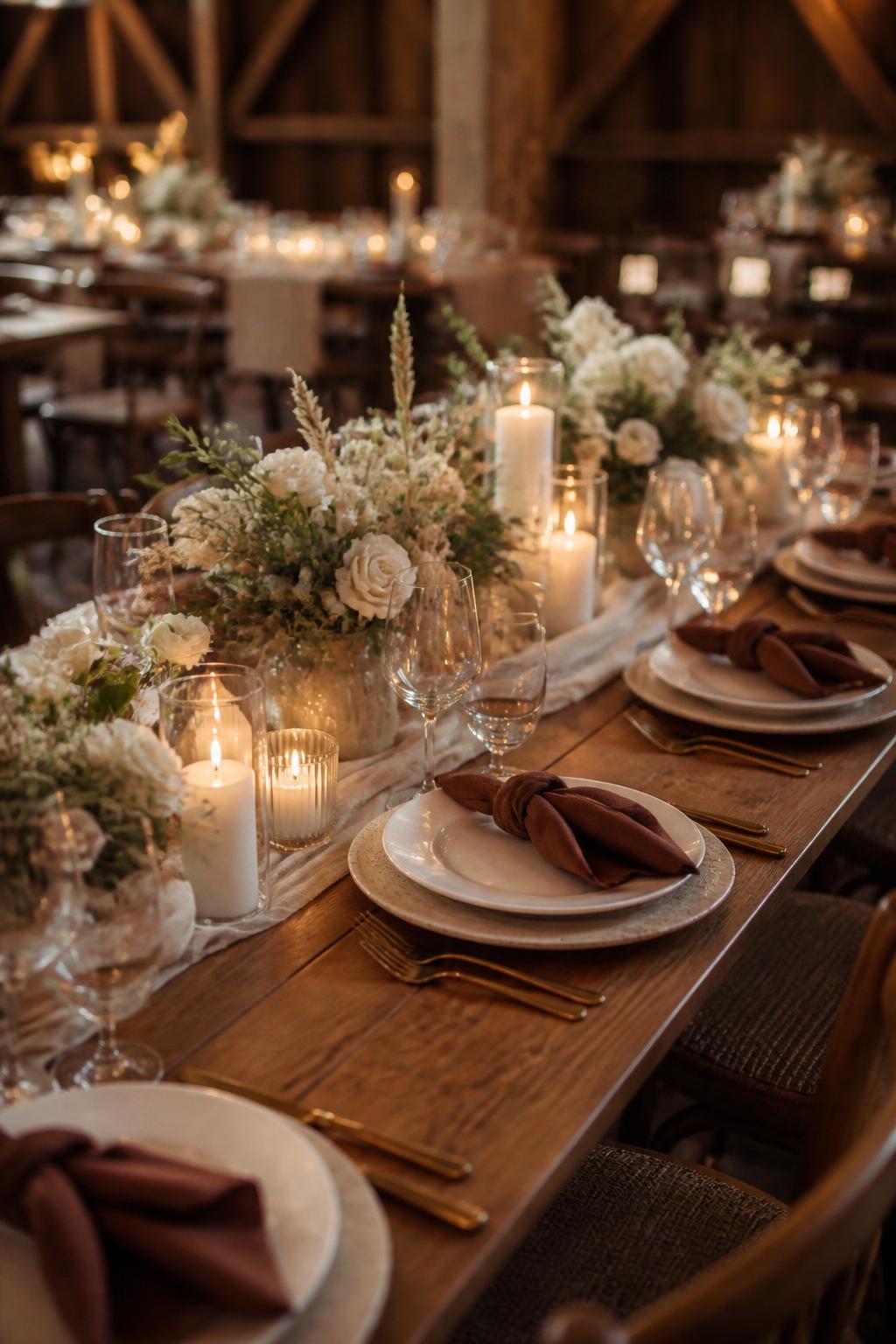 Image Prompt:
A warm wedding reception table photo showing a natural wooden table styled with brown linen napkins, white plates, ceramic chargers, ivory candles, soft white flowers, greenery, and clear glassware. Rustic elegant barn, vineyard, or countryside reception setting, no visible faces, no text, no watermark, realistic DSLR editorial photography, (no watermarks on images)