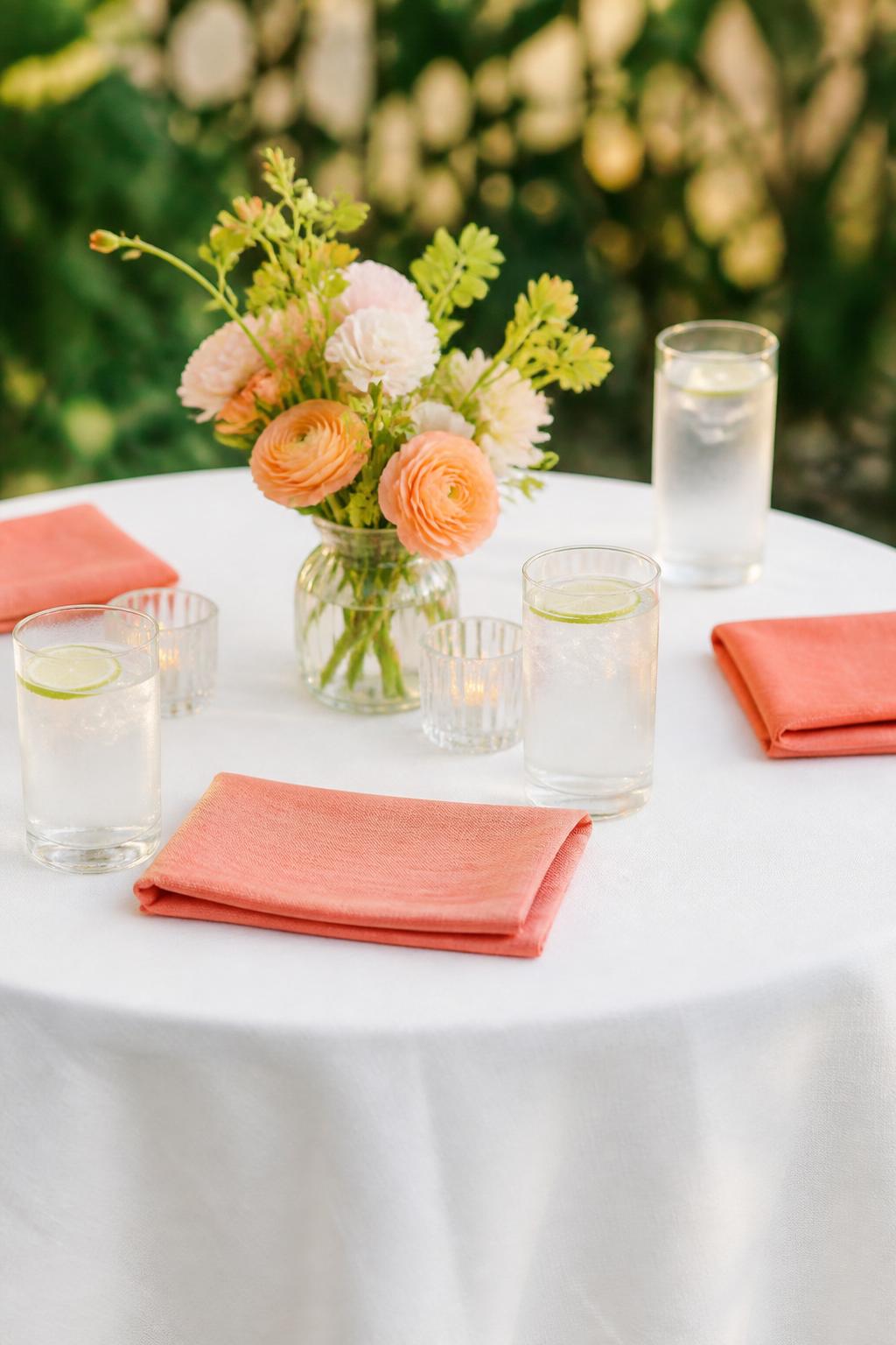 Image Prompt:
A bright wedding cocktail table photo showing colorful cocktail napkins in coral, pink, terracotta, or sage, paired with a tiny floral vase, clear glasses, and a simple white or neutral tablecloth. Garden or summer wedding reception setting, no visible faces, no text, no watermark, realistic editorial photography, (no watermarks on images)