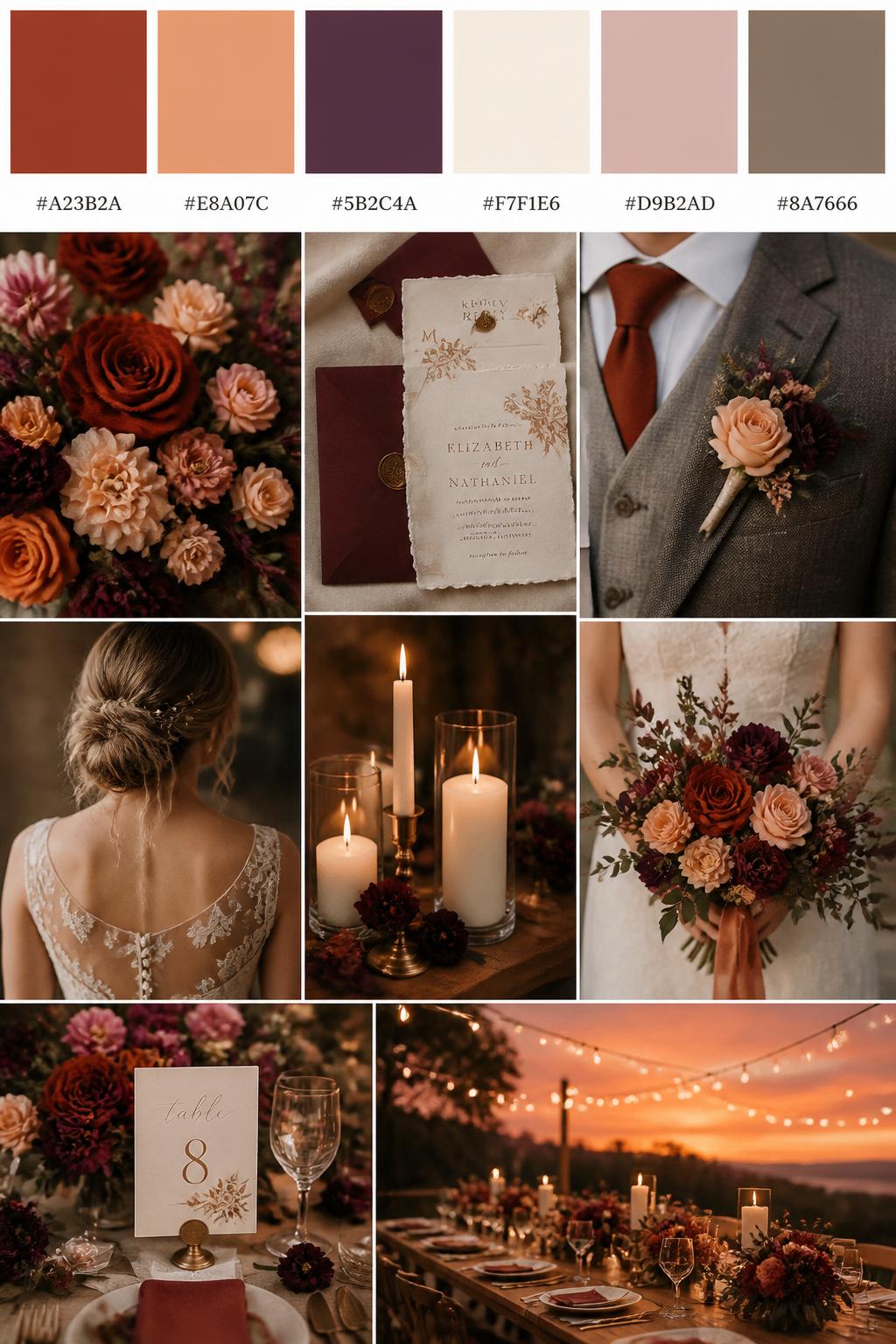 A realistic sunset wedding palette board with a top row of color swatches and hex codes in rust, peach, plum, cream, muted blush, and warm taupe. Below, show a polished collage of rust and plum flowers, peach accents, cream candles, elegant stationery, a groom suit detail with boutonniere and no visible face, cropped dress shots, bouquet styling in hands-only composition, and a moody romantic reception table. Use no full faces, with side crops, back views, and no-people decor shots for variety. The mood should feel rich, romantic, and sunset-inspired with true-to-life DSLR quality. 9:16 vertical format. (no watermarks on images)
