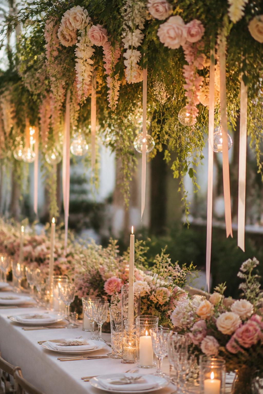 Image Prompt:
A dreamy editorial wedding reception photo showing a long table beneath a hanging floral installation with pastel flowers, trailing greenery, soft ribbons, and tiny warm lights. The table below has low florals, candles, white plates, crystal glasses, and elegant place settings. No visible faces, no full people, table and hanging flowers focused, no text, no watermark, realistic DSLR wedding photography, (no watermarks on images)