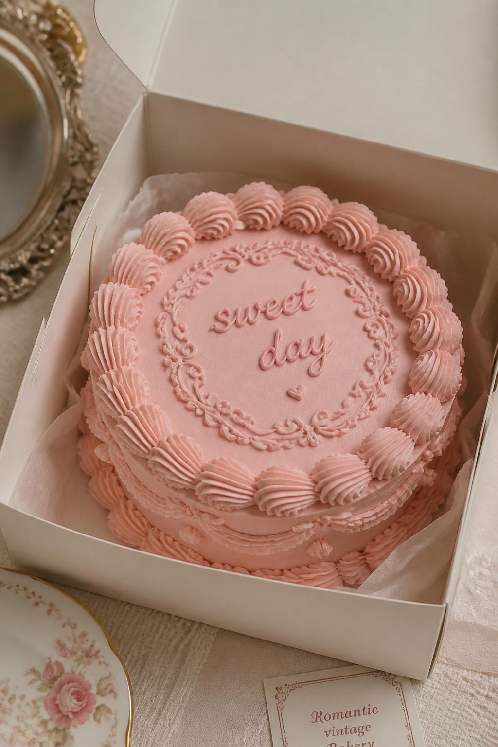 A vintage style pink bento cake in an open white cake box, soft rose pink frosting, detailed shell borders, ruffle piping, delicate vintage swirls, handwritten icing text reading “sweet day,” romantic retro bakery styling, soft table setting, realistic close-up dessert photography, no people, no hands, no faces, no watermarks on images