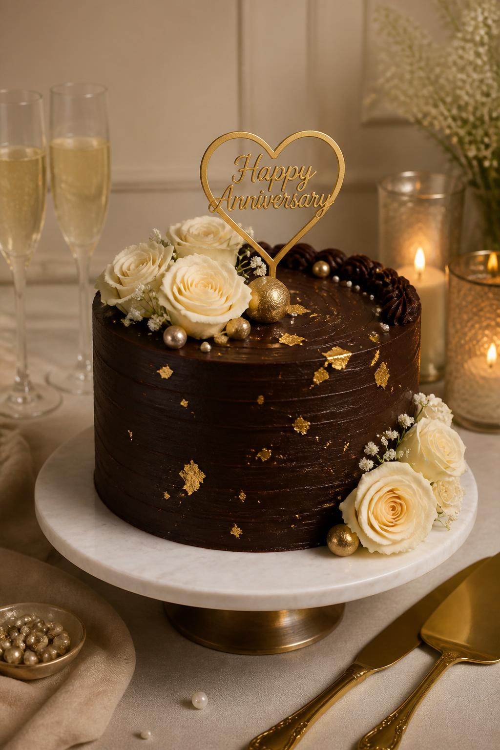 Image Prompt: A luxury chocolate anniversary cake with smooth dark chocolate buttercream, scattered edible gold leaf, cream roses, tiny pearl accents, and a refined gold heart topper. Place it on a marble cake stand with gold cutlery, champagne flutes, candles, and warm neutral decor. Make it elegant, romantic, and realistic, no people, no faces, no watermark. (no watermarks on images)